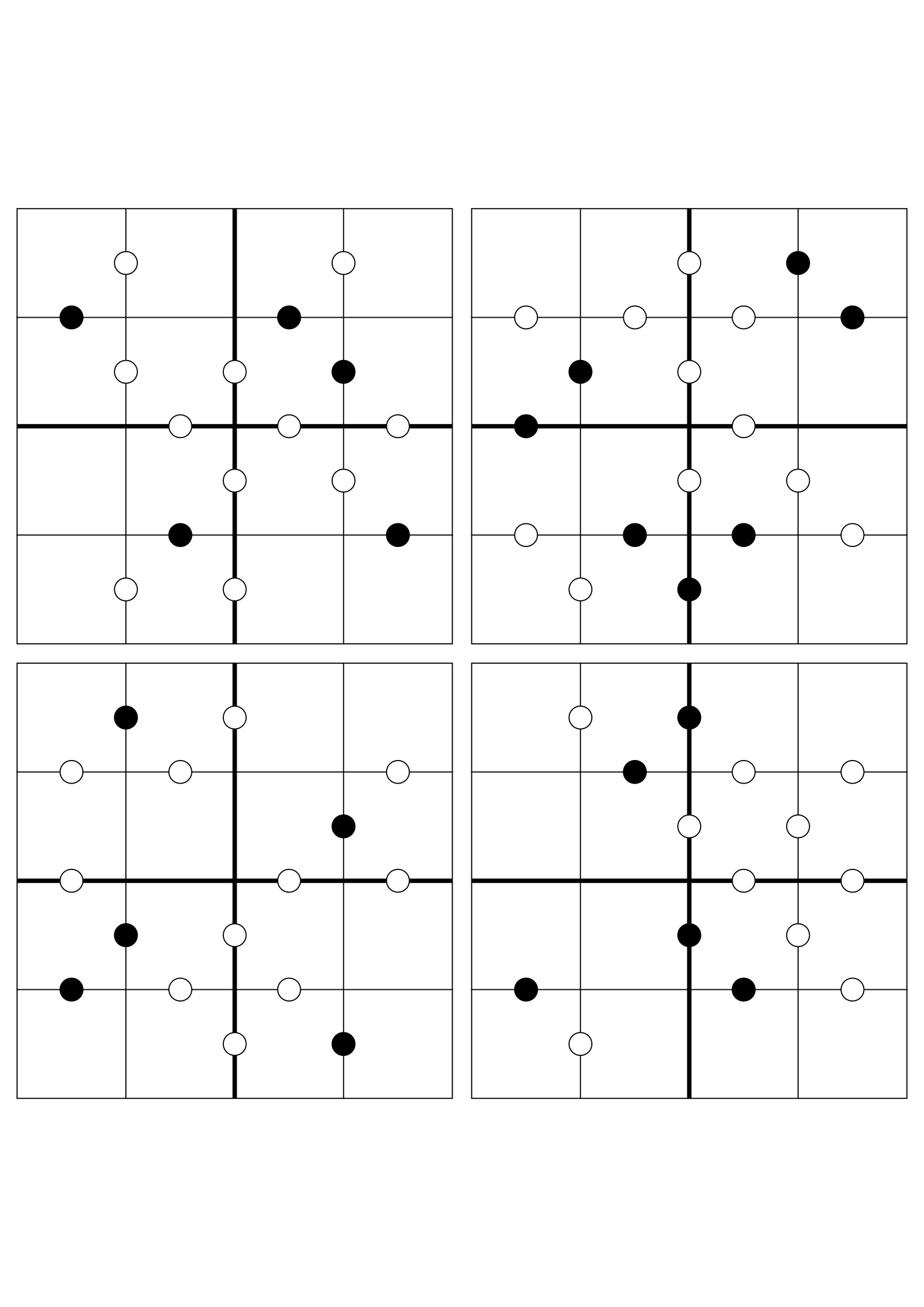 Four hard 4x4 Kropki grids, solved mostly or only from their dots. Variant 5.