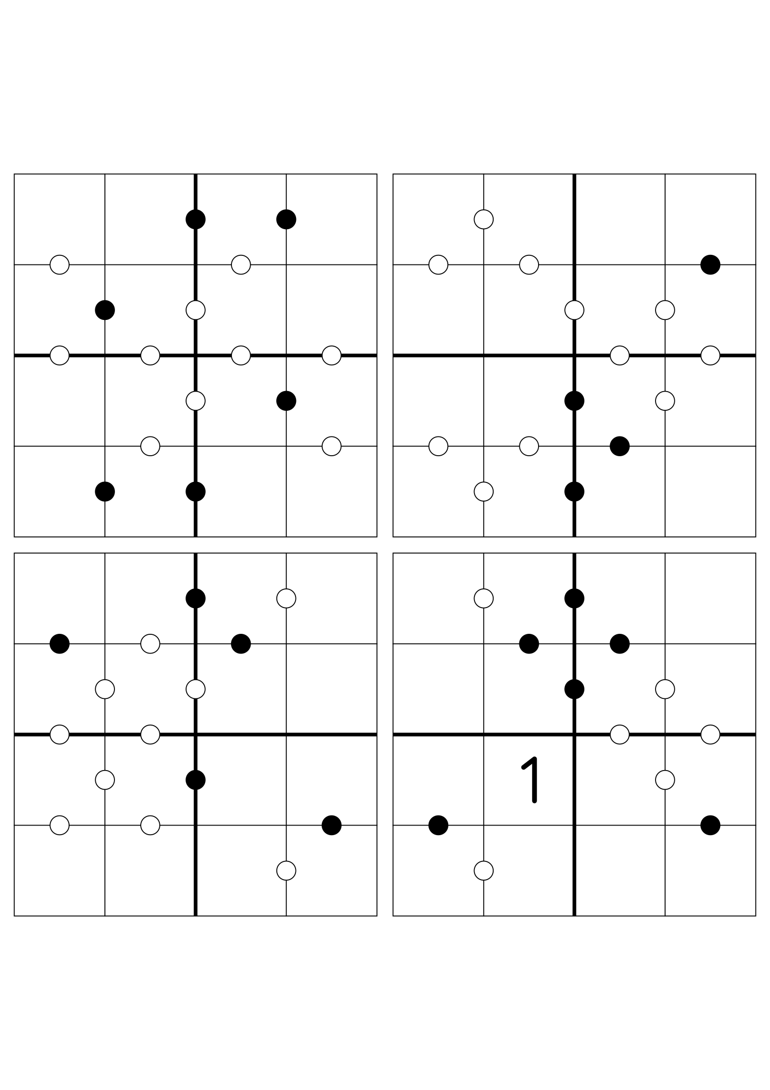 Four hard 4x4 Kropki grids, solved mostly or only from their dots. Variant 6.