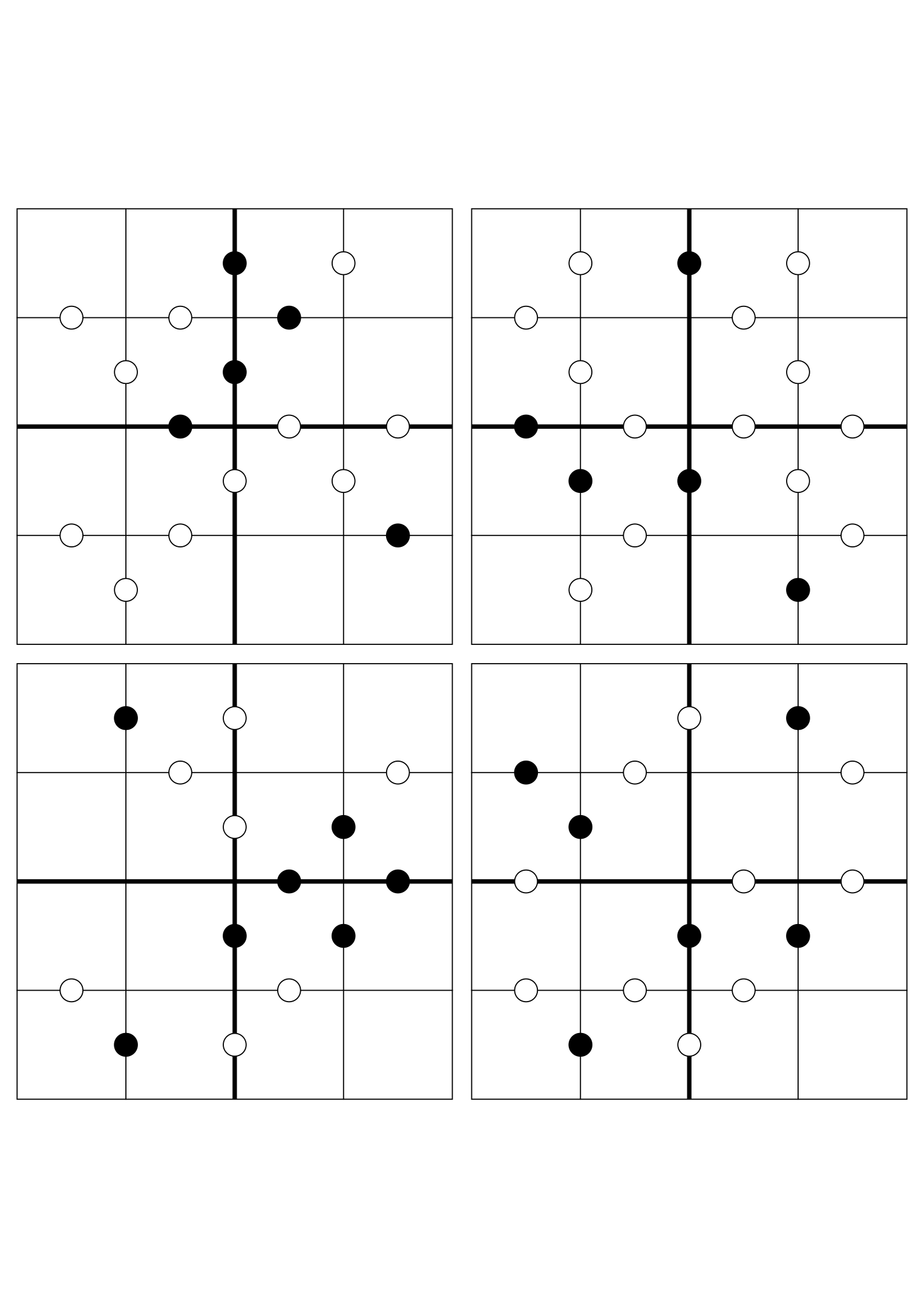 Four hard 4x4 Kropki grids, solved mostly or only from their dots. Variant 7.