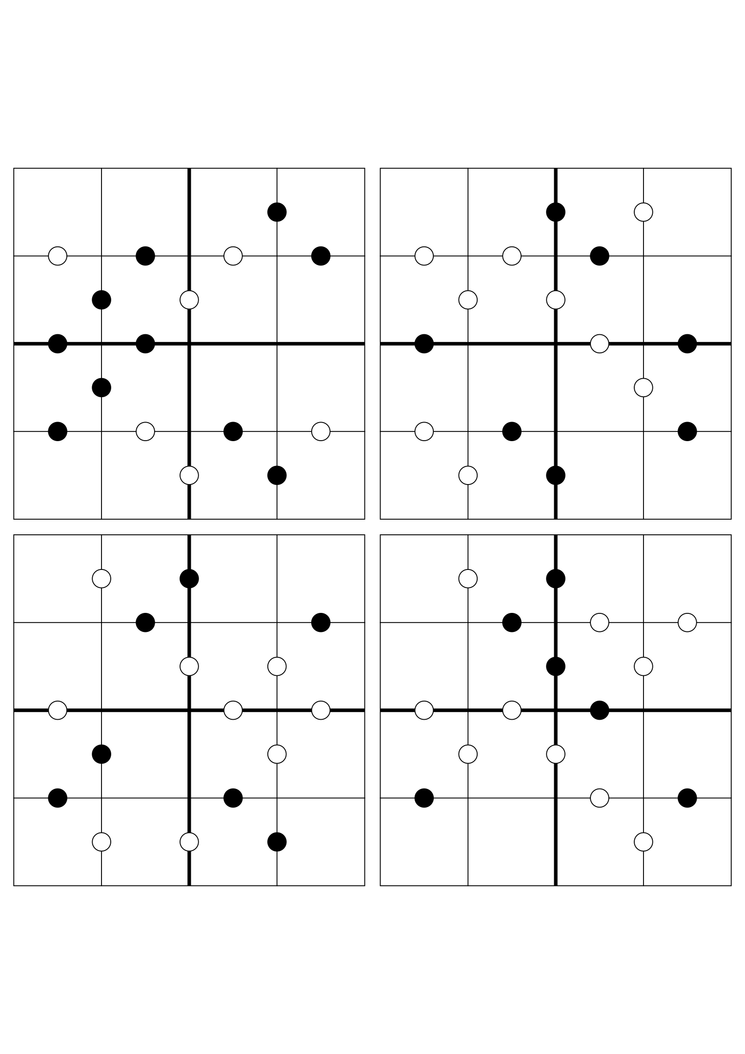 Four hard 4x4 Kropki grids, solved mostly or only from their dots. Variant 8.