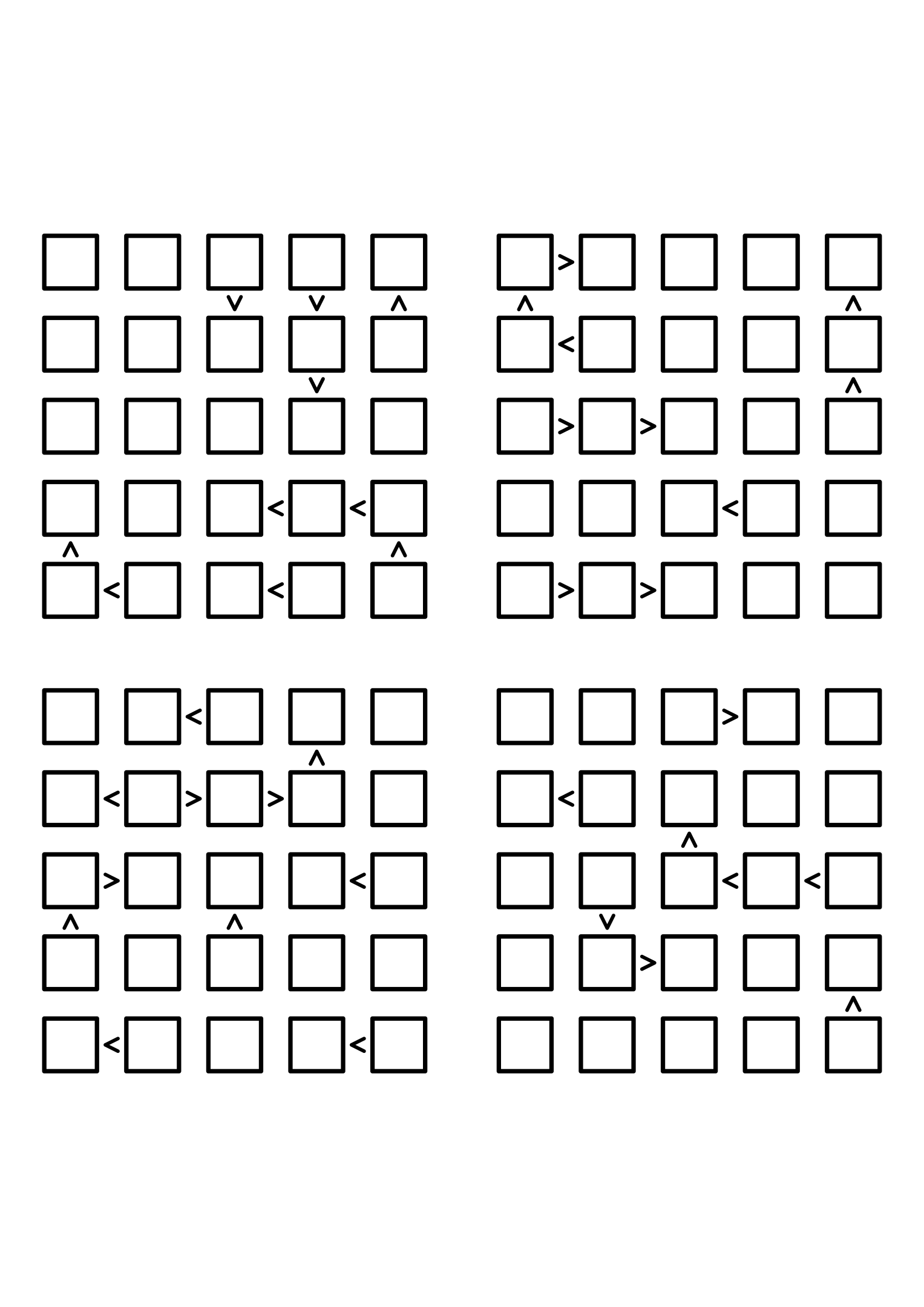 Four hard 5x5 futoshiki grids with inequality signs only, no given digit. Level: Hard, 4 puzzles per page. Variant 1.