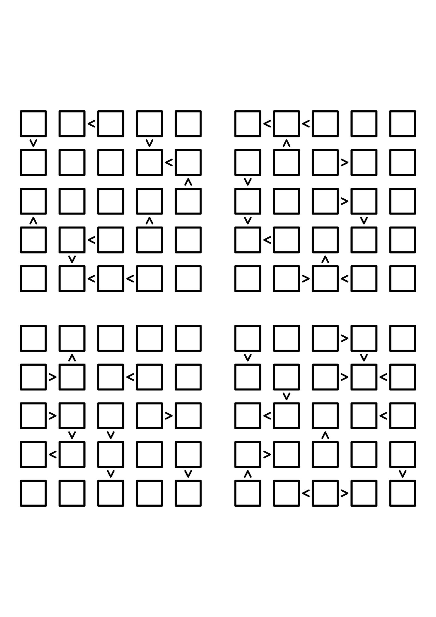 Four hard 5x5 futoshiki grids with inequality signs only, no given digit. Level: Hard, 4 puzzles per page. Variant 2.