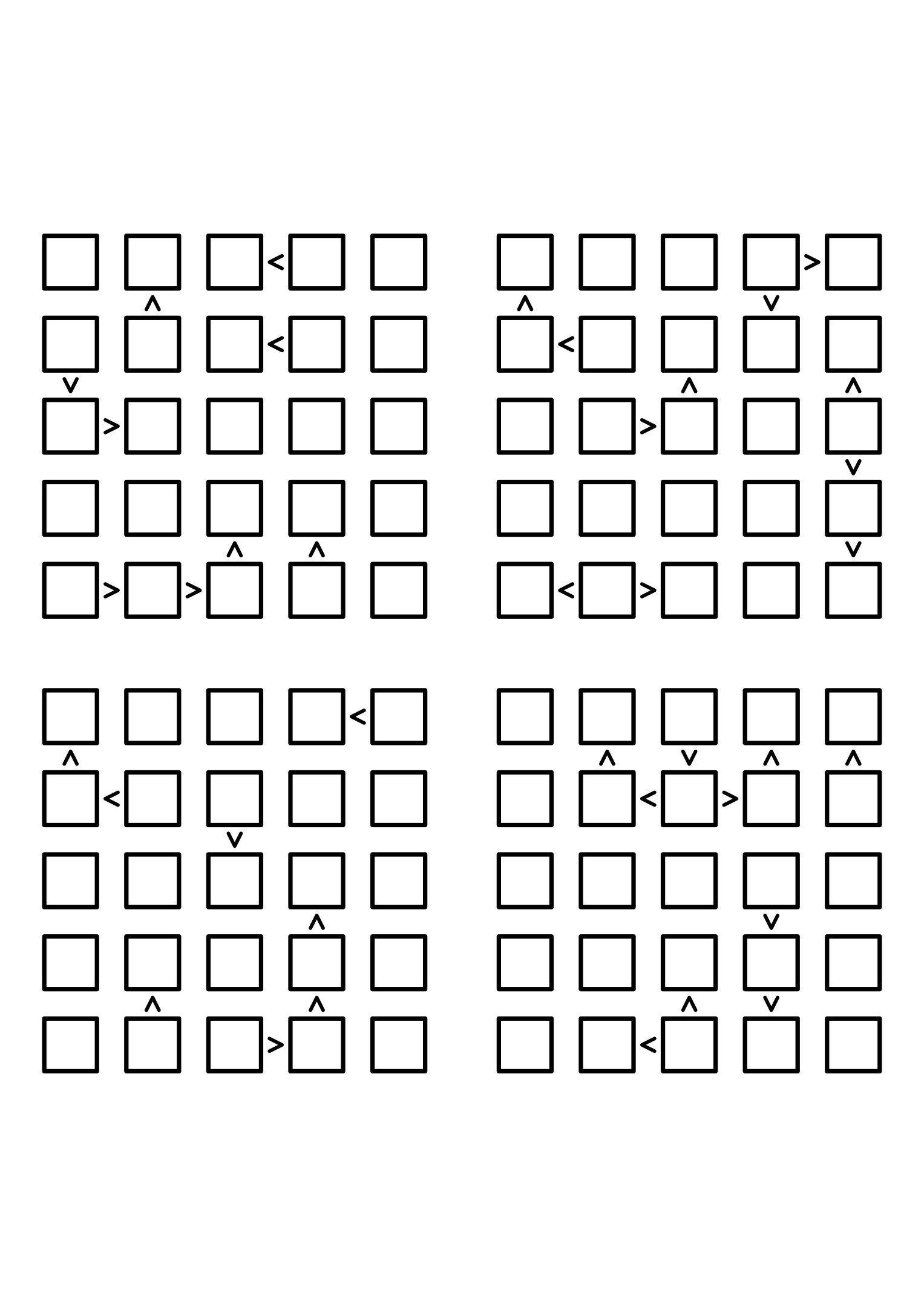 Four hard 5x5 futoshiki grids with inequality signs only, no given digit. Level: Hard, 4 puzzles per page. Variant 3.