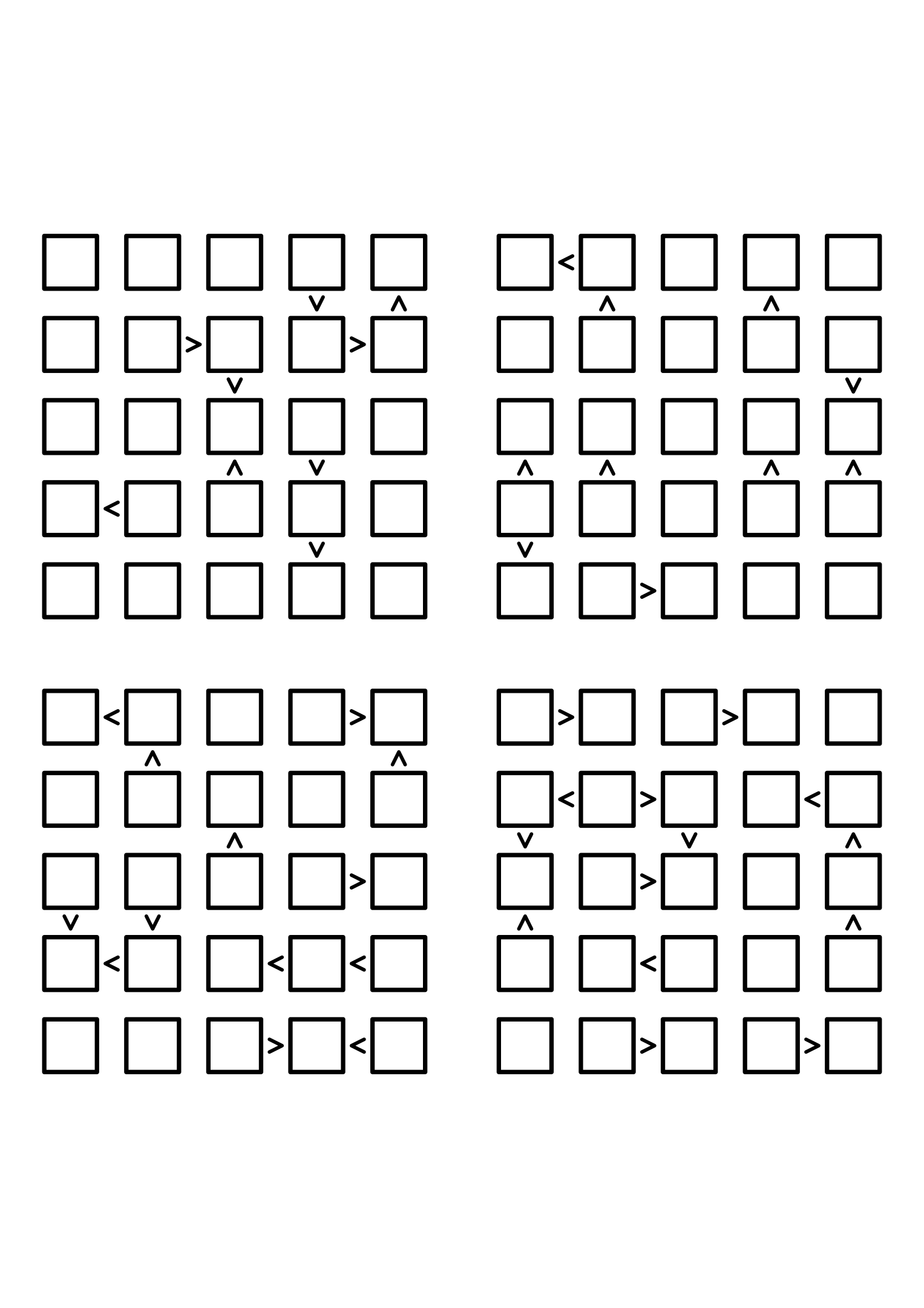 Four hard 5x5 futoshiki grids with inequality signs only, no given digit. Level: Hard, 4 puzzles per page. Variant 4.