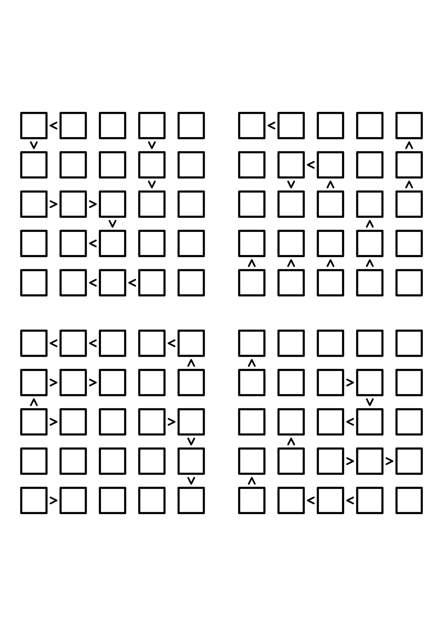 Four hard 5x5 futoshiki grids with inequality signs only, no given digit. Level: Hard, 4 puzzles per page. Variant 5.
