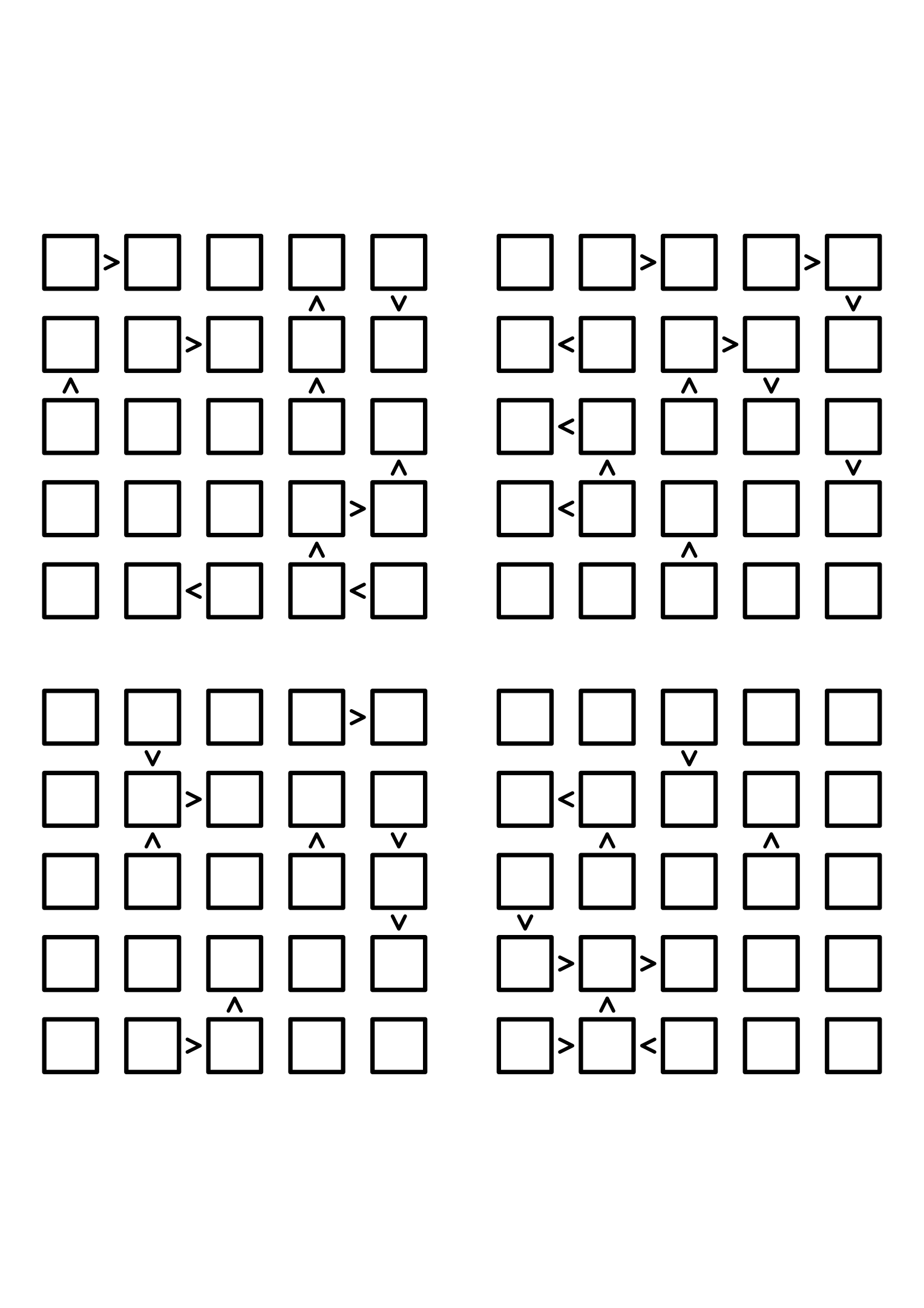 Four hard 5x5 futoshiki grids with inequality signs only, no given digit. Level: Hard, 4 puzzles per page. Variant 6.