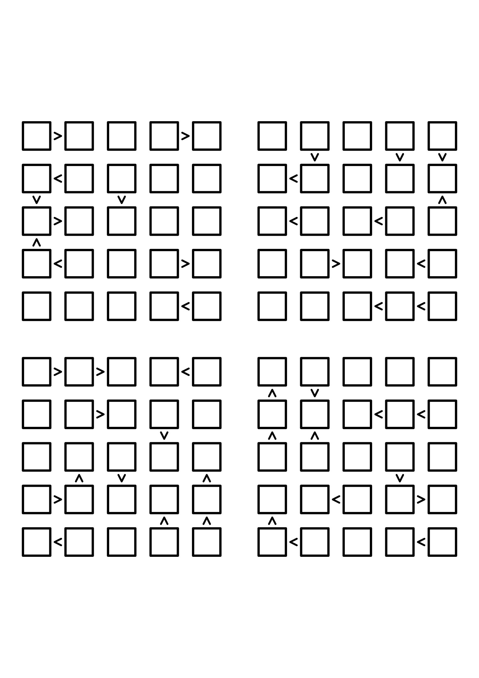 Four hard 5x5 futoshiki grids with inequality signs only, no given digit. Level: Hard, 4 puzzles per page. Variant 7.