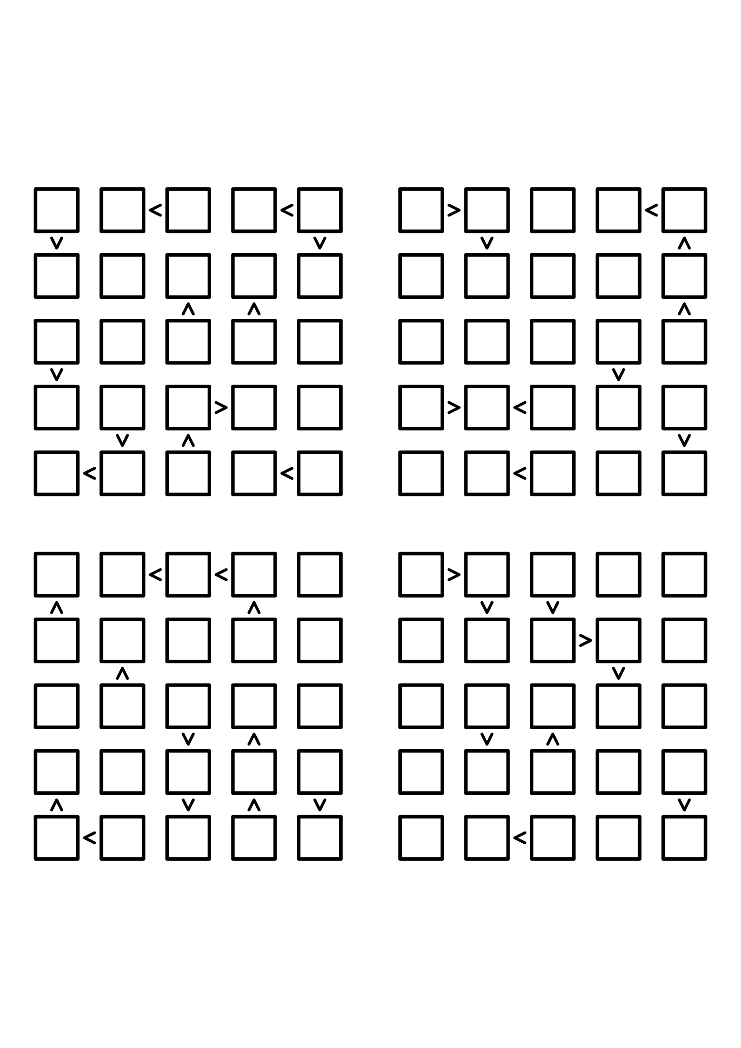 Four hard 5x5 futoshiki grids with inequality signs only, no given digit. Level: Hard, 4 puzzles per page. Variant 8.