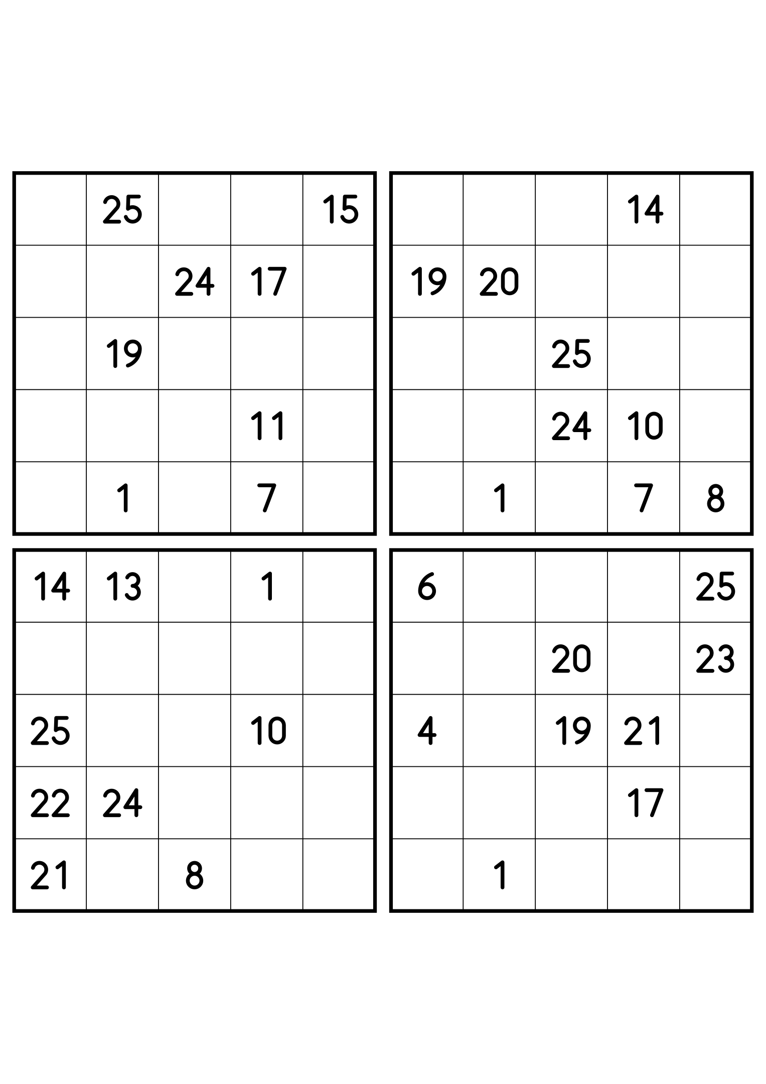 Four hard 5x5 Hidoku grids, each keeping only the numbers its path needs. Variant 1.