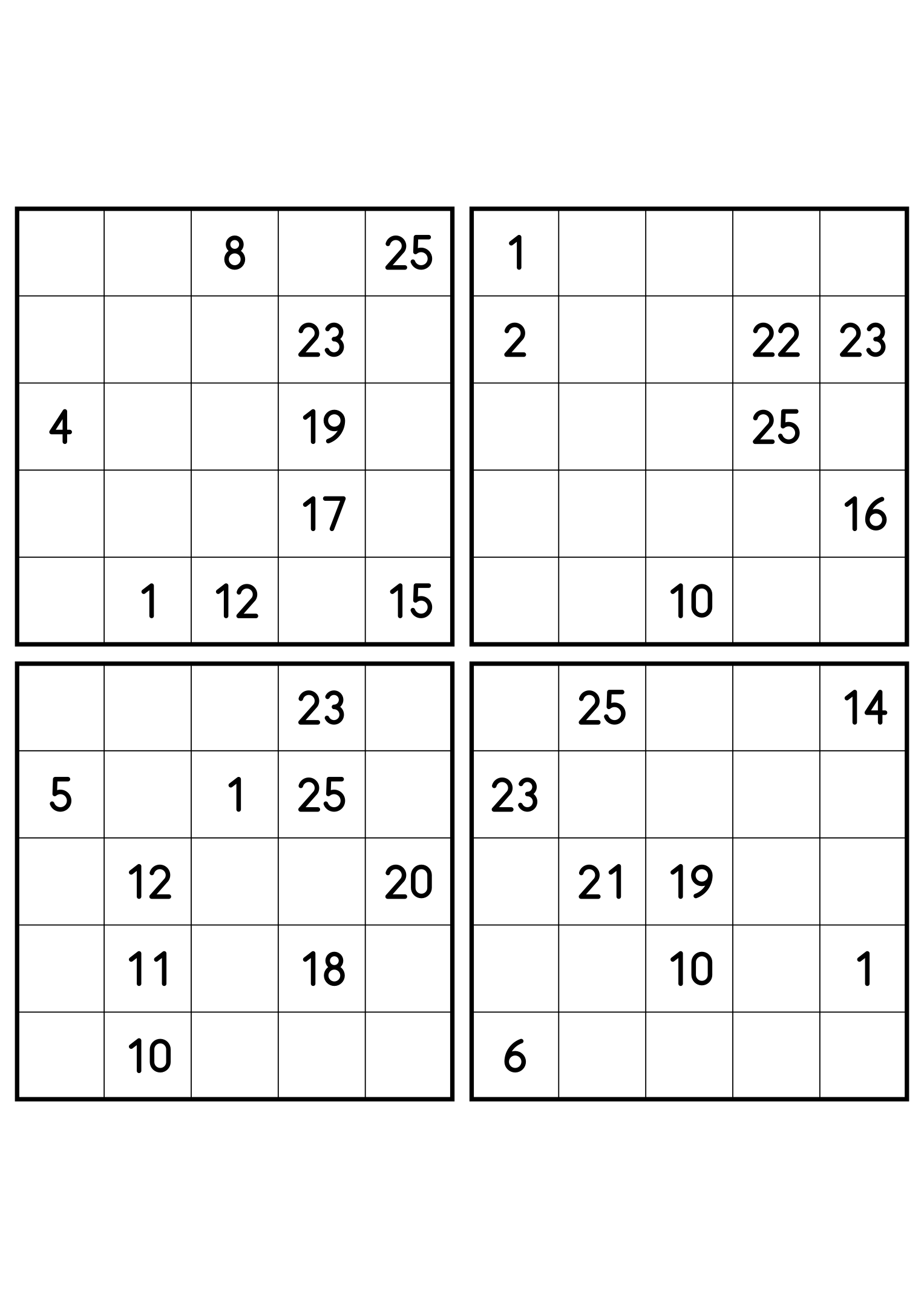 Four hard 5x5 Hidoku grids, each keeping only the numbers its path needs. Variant 2.
