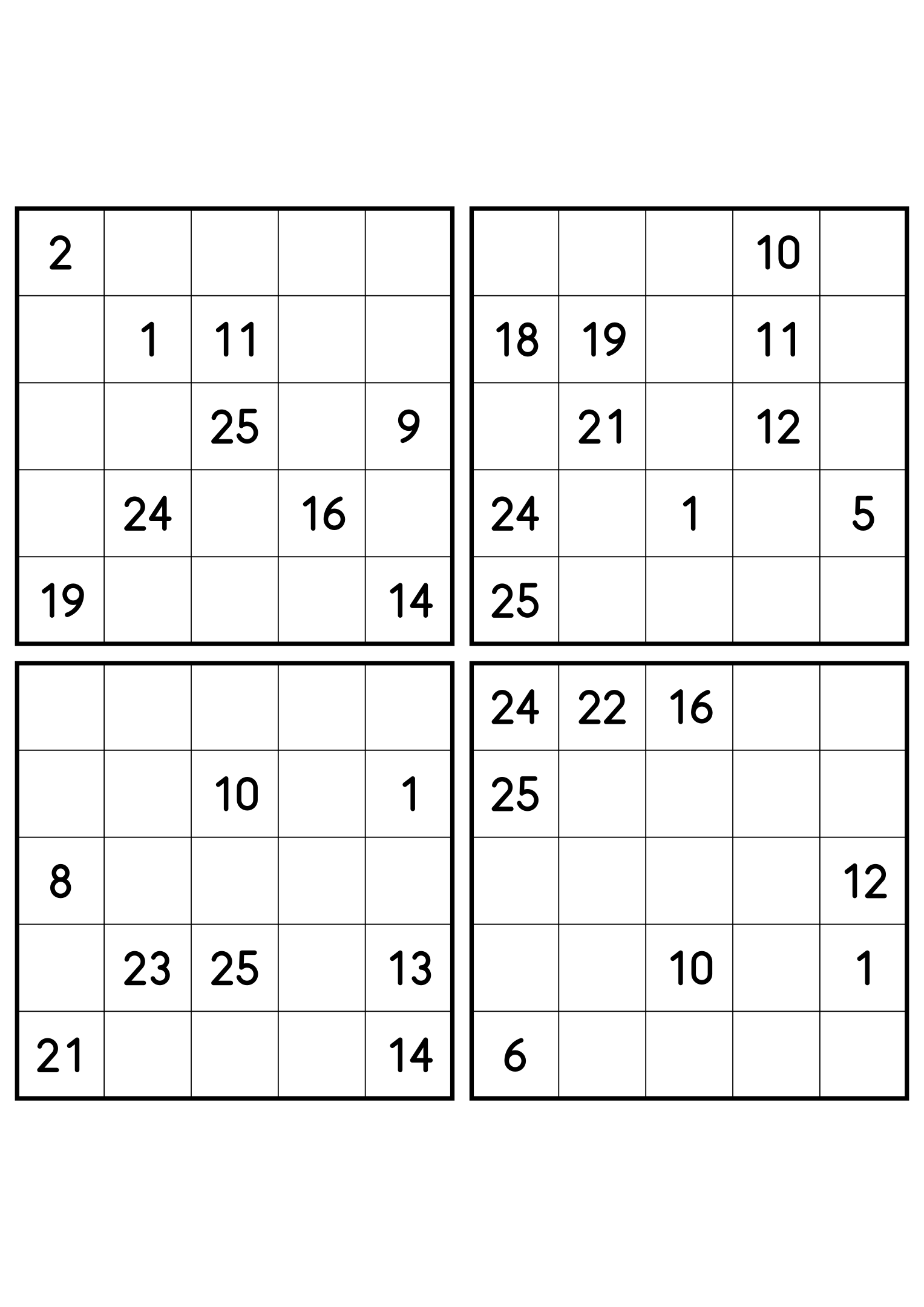 Four hard 5x5 Hidoku grids, each keeping only the numbers its path needs. Variant 3.