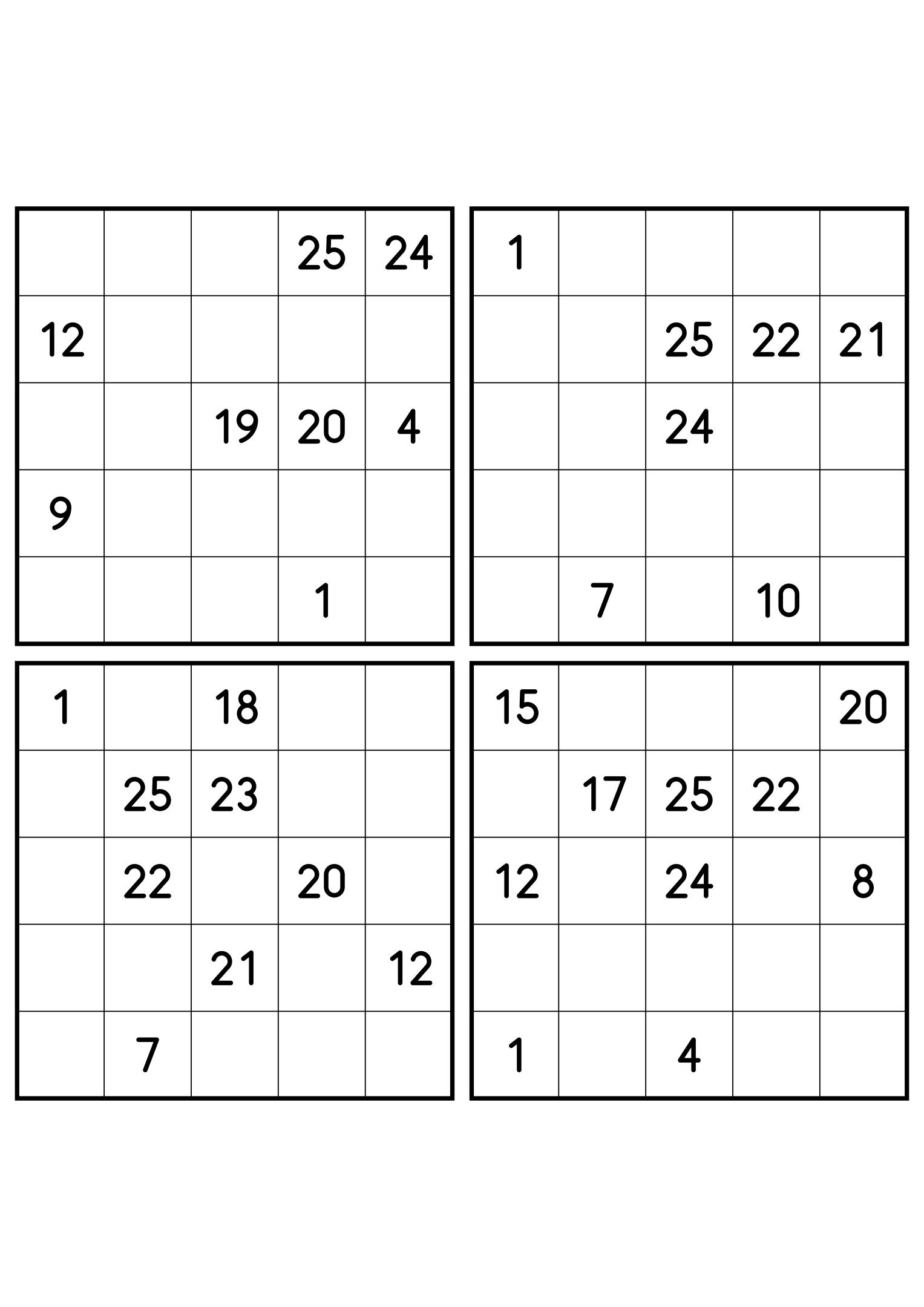 Four hard 5x5 Hidoku grids, each keeping only the numbers its path needs. Variant 4.
