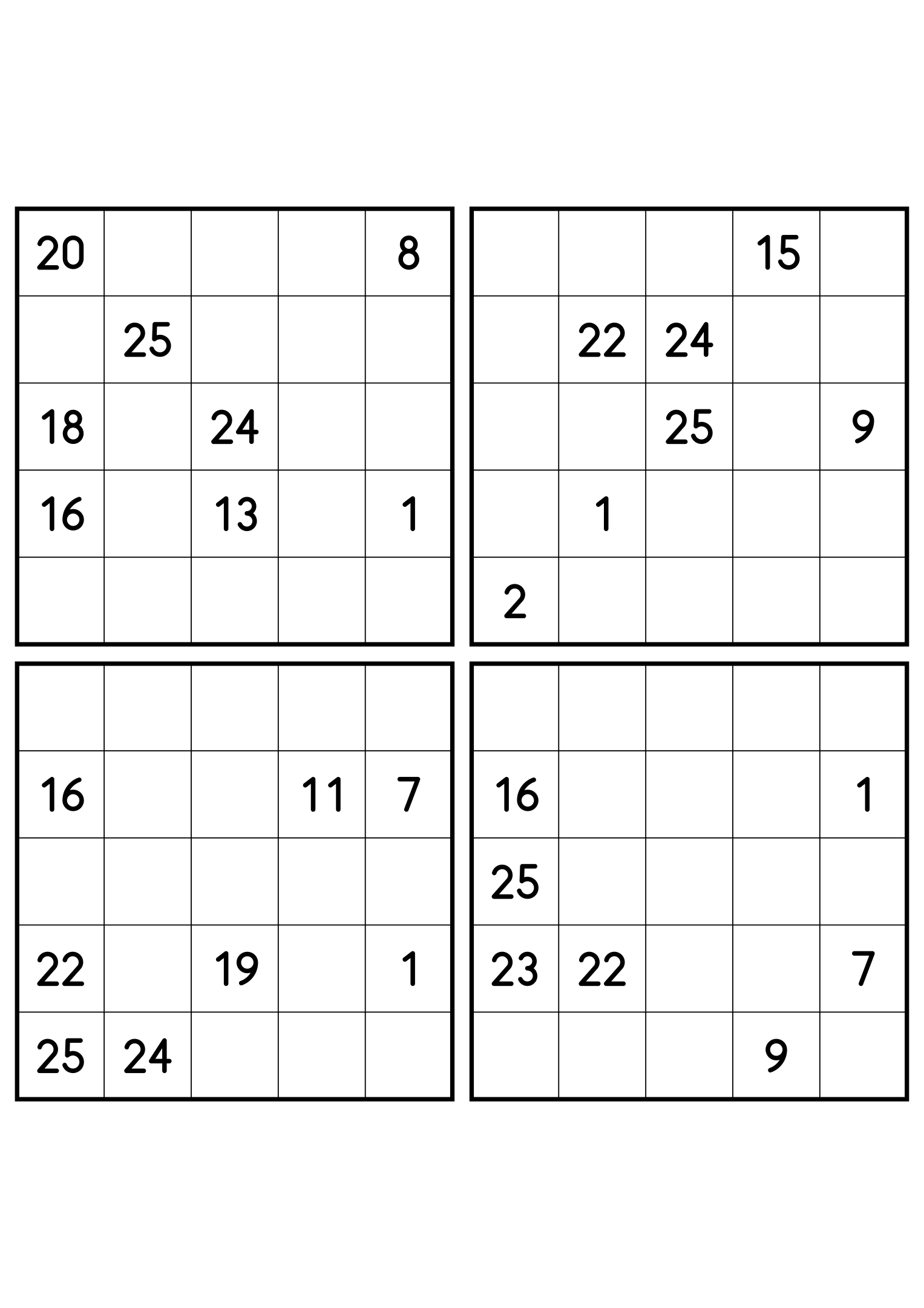 Four hard 5x5 Hidoku grids, each keeping only the numbers its path needs. Variant 5.