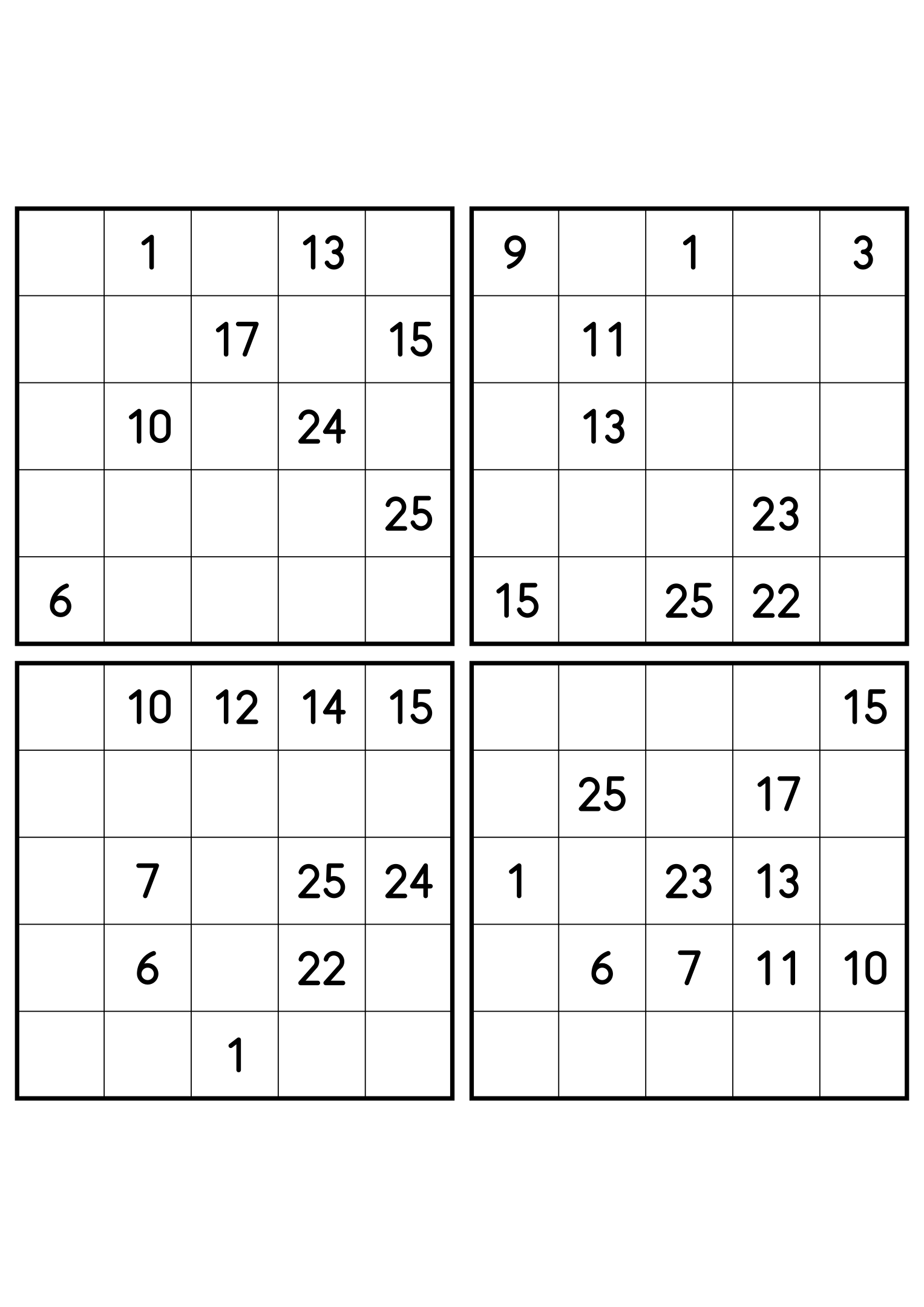 Four hard 5x5 Hidoku grids, each keeping only the numbers its path needs. Variant 6.