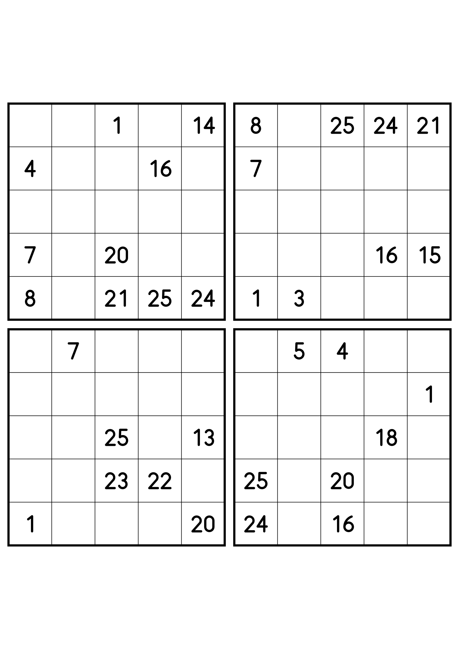 Four hard 5x5 Hidoku grids, each keeping only the numbers its path needs. Variant 7.