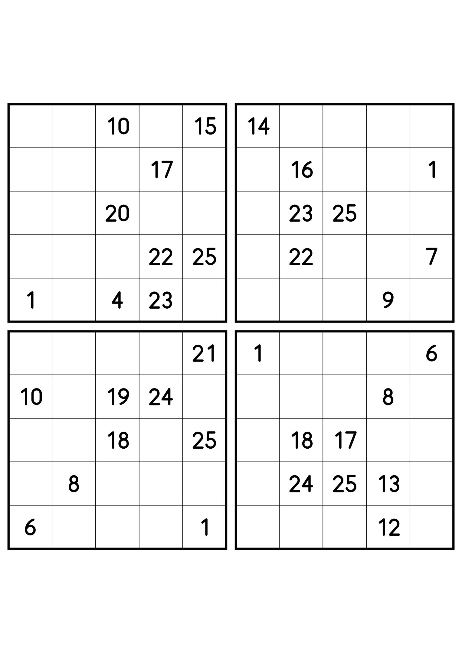 Four hard 5x5 Hidoku grids, each keeping only the numbers its path needs. Variant 8.