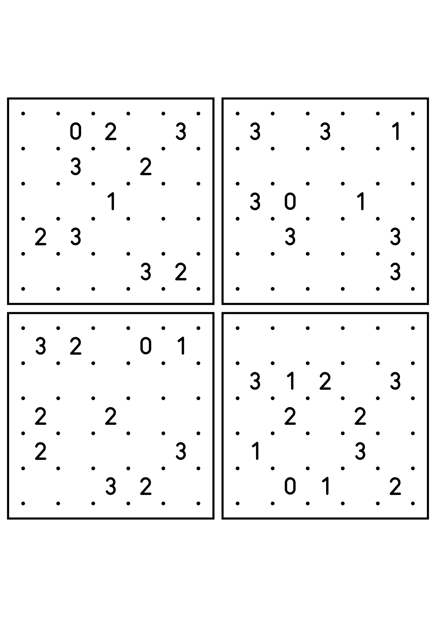 Four hard 5x5 slitherlink grids with lines to test in your head. Level: Hard, 4 puzzles per page. Variant 1.