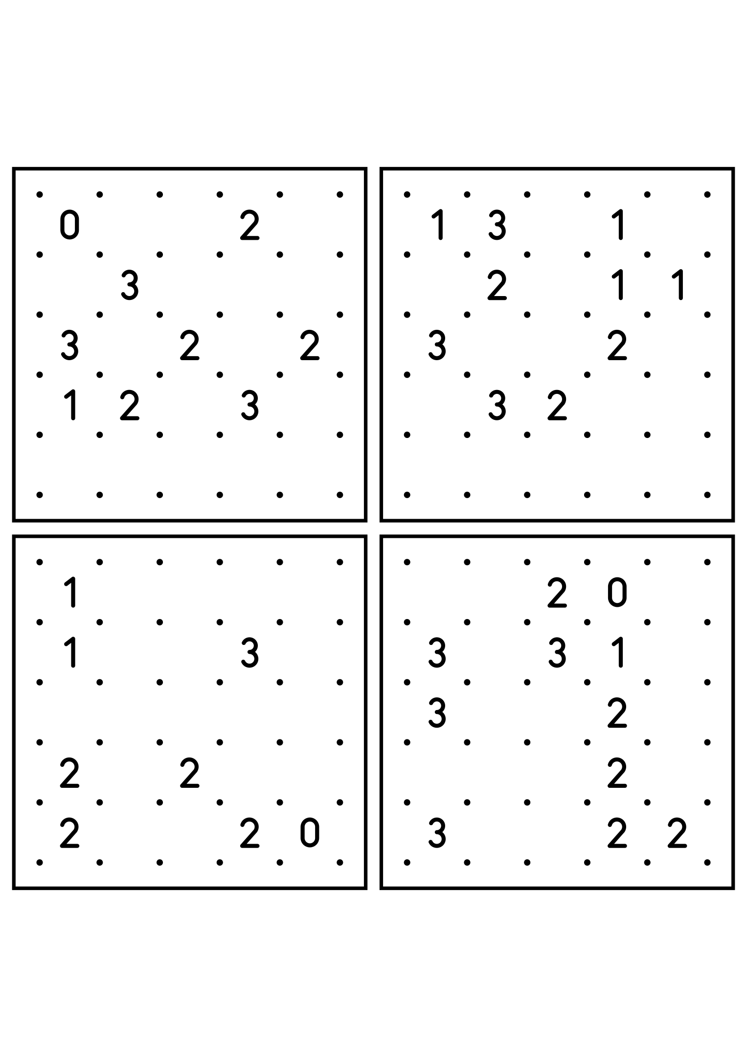 Four hard 5x5 slitherlink grids with lines to test in your head. Level: Hard, 4 puzzles per page. Variant 2.