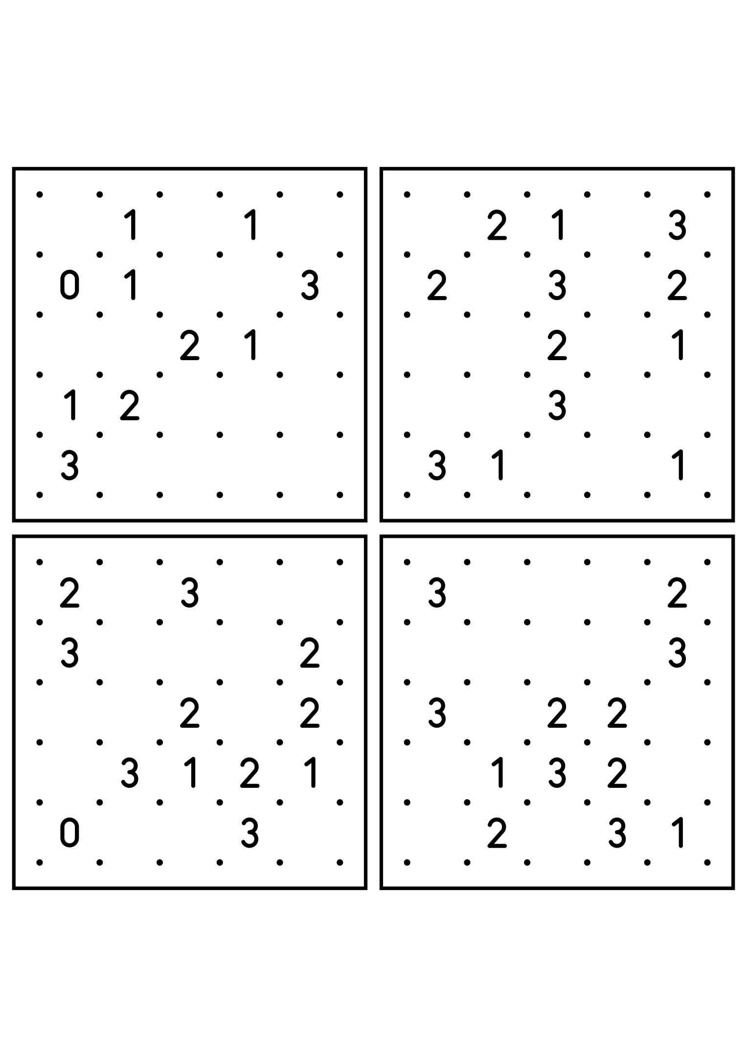 Four hard 5x5 slitherlink grids with lines to test in your head. Level: Hard, 4 puzzles per page. Variant 3.