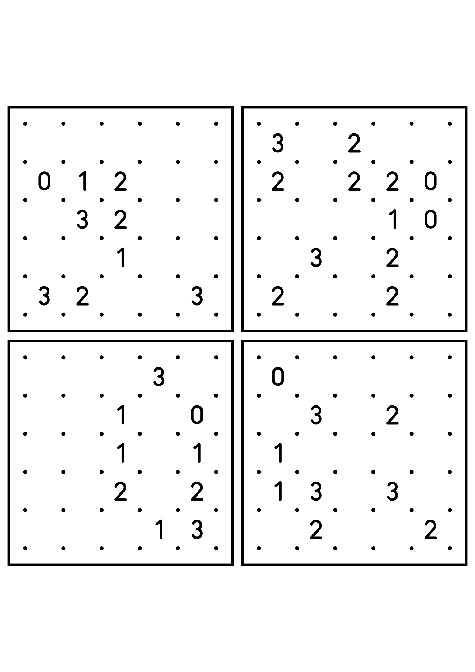 Four hard 5x5 slitherlink grids with lines to test in your head. Level: Hard, 4 puzzles per page. Variant 4.
