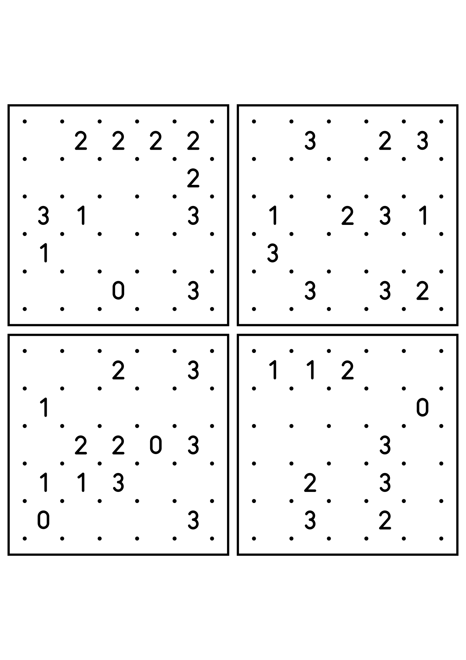Four hard 5x5 slitherlink grids with lines to test in your head. Level: Hard, 4 puzzles per page. Variant 5.