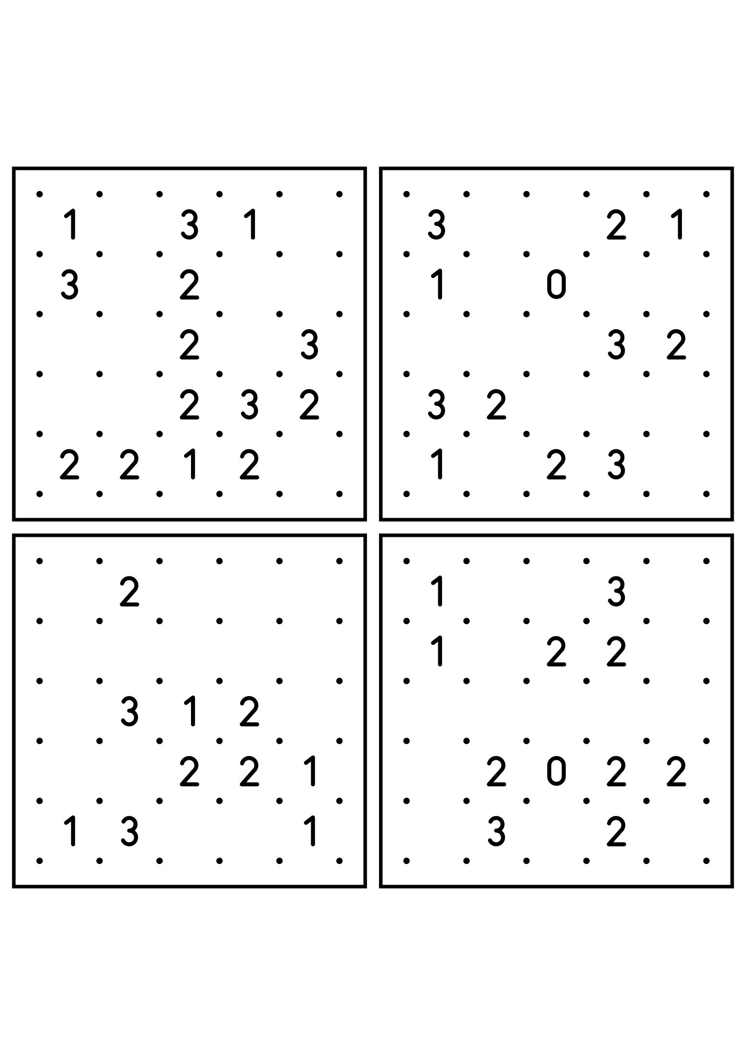 Four hard 5x5 slitherlink grids with lines to test in your head. Level: Hard, 4 puzzles per page. Variant 6.