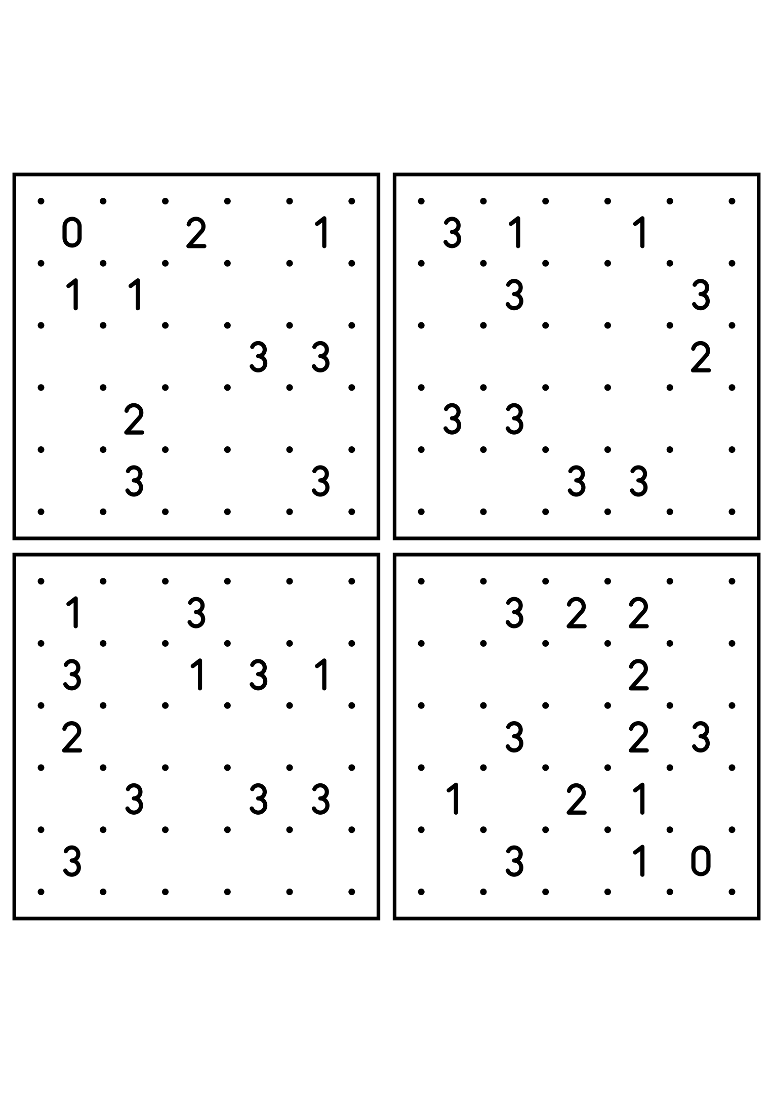 Four hard 5x5 slitherlink grids with lines to test in your head. Level: Hard, 4 puzzles per page. Variant 7.