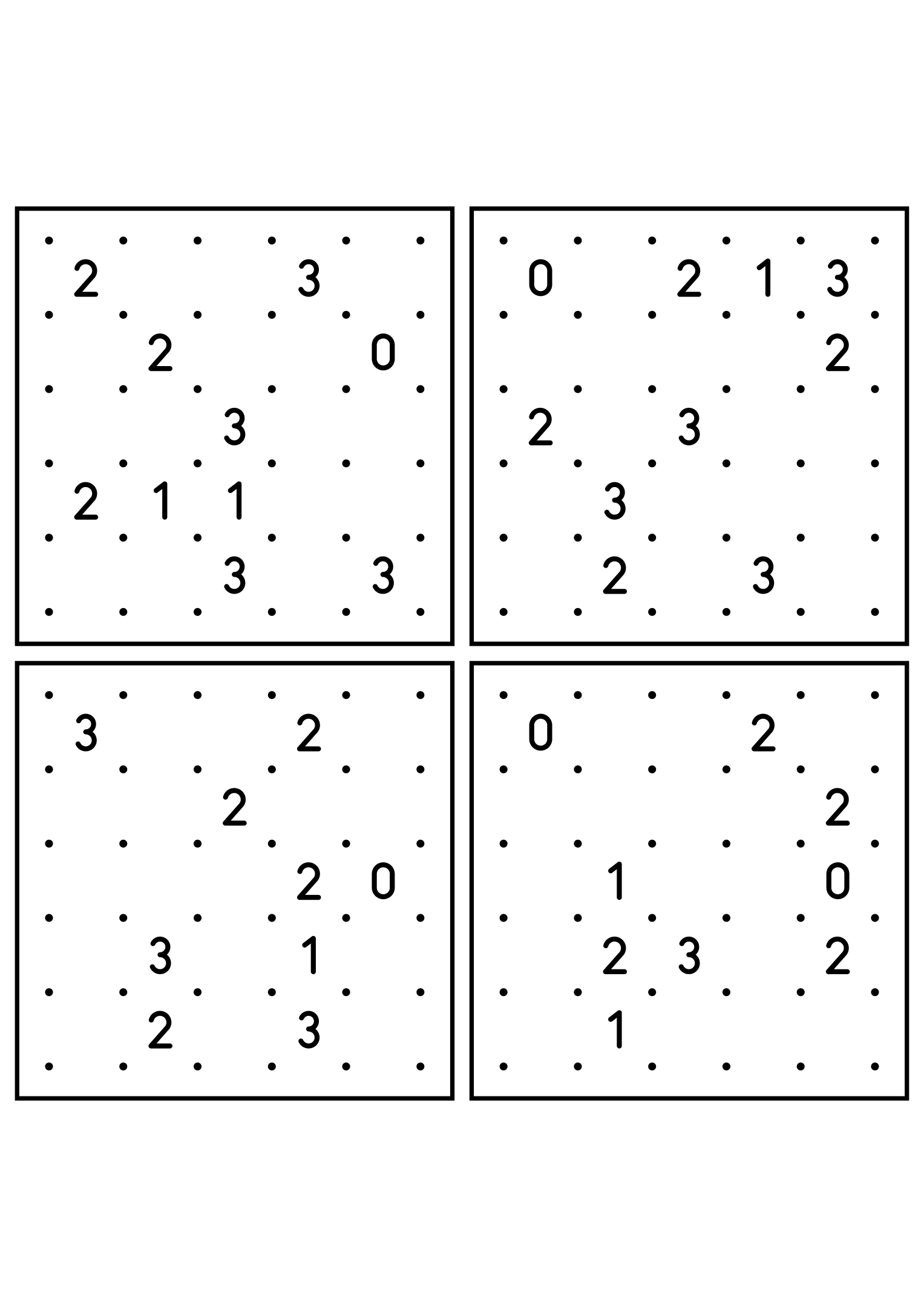 Four hard 5x5 slitherlink grids with lines to test in your head. Level: Hard, 4 puzzles per page. Variant 8.