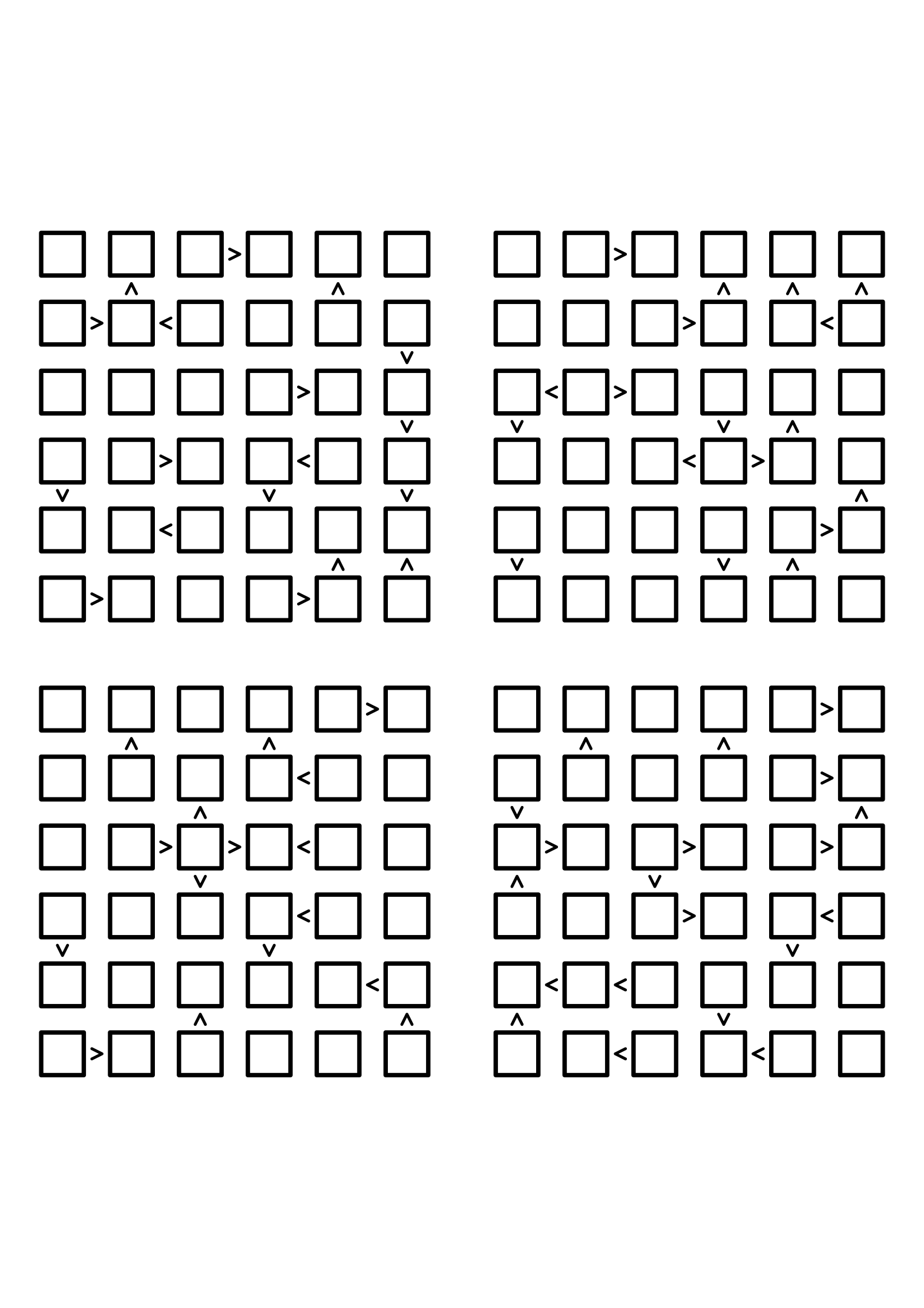 Four hard 6x6 futoshiki grids with inequality signs only, no given digit. Level: Hard, 4 puzzles per page. Variant 1.