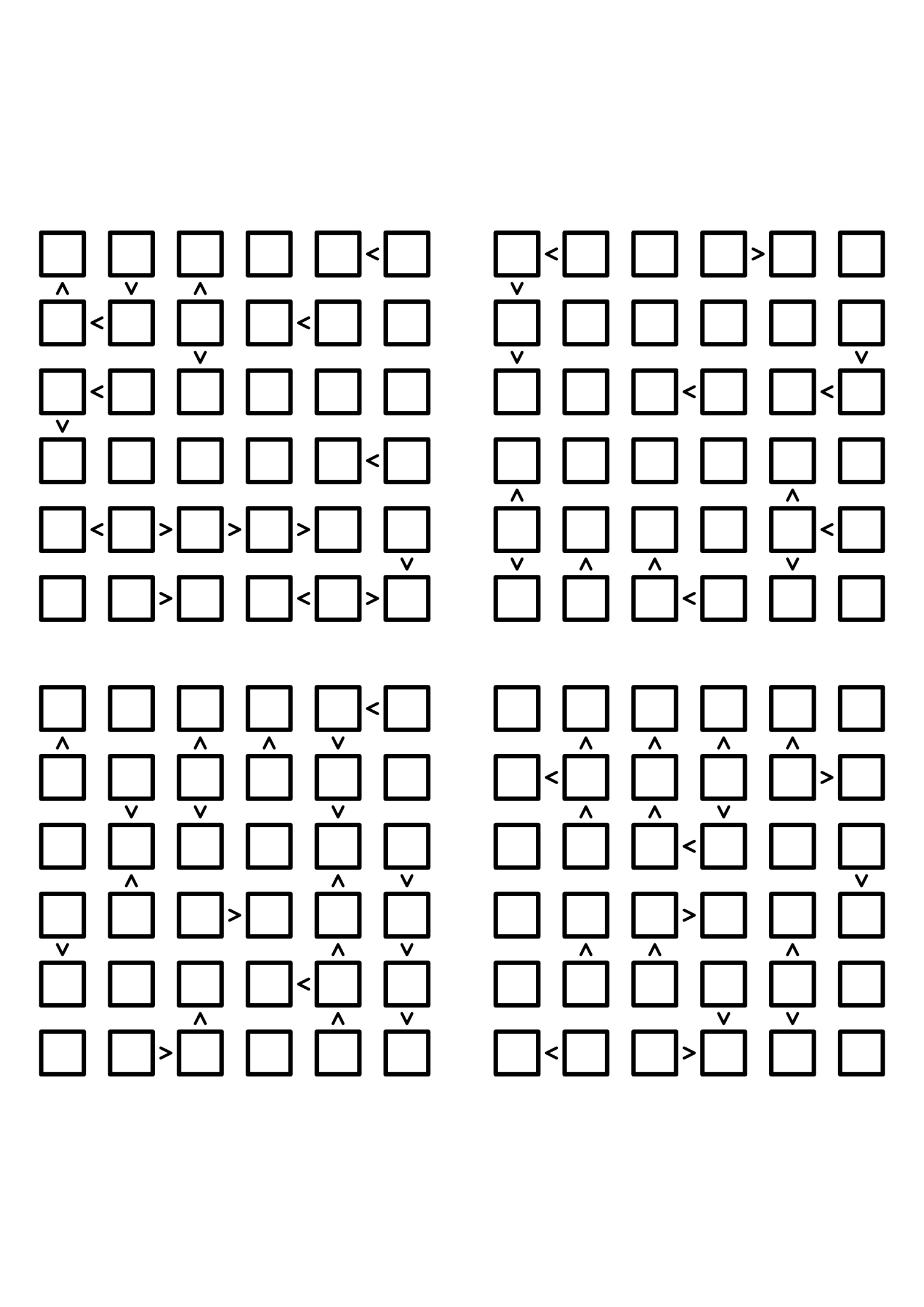 Four hard 6x6 futoshiki grids with inequality signs only, no given digit. Level: Hard, 4 puzzles per page. Variant 2.