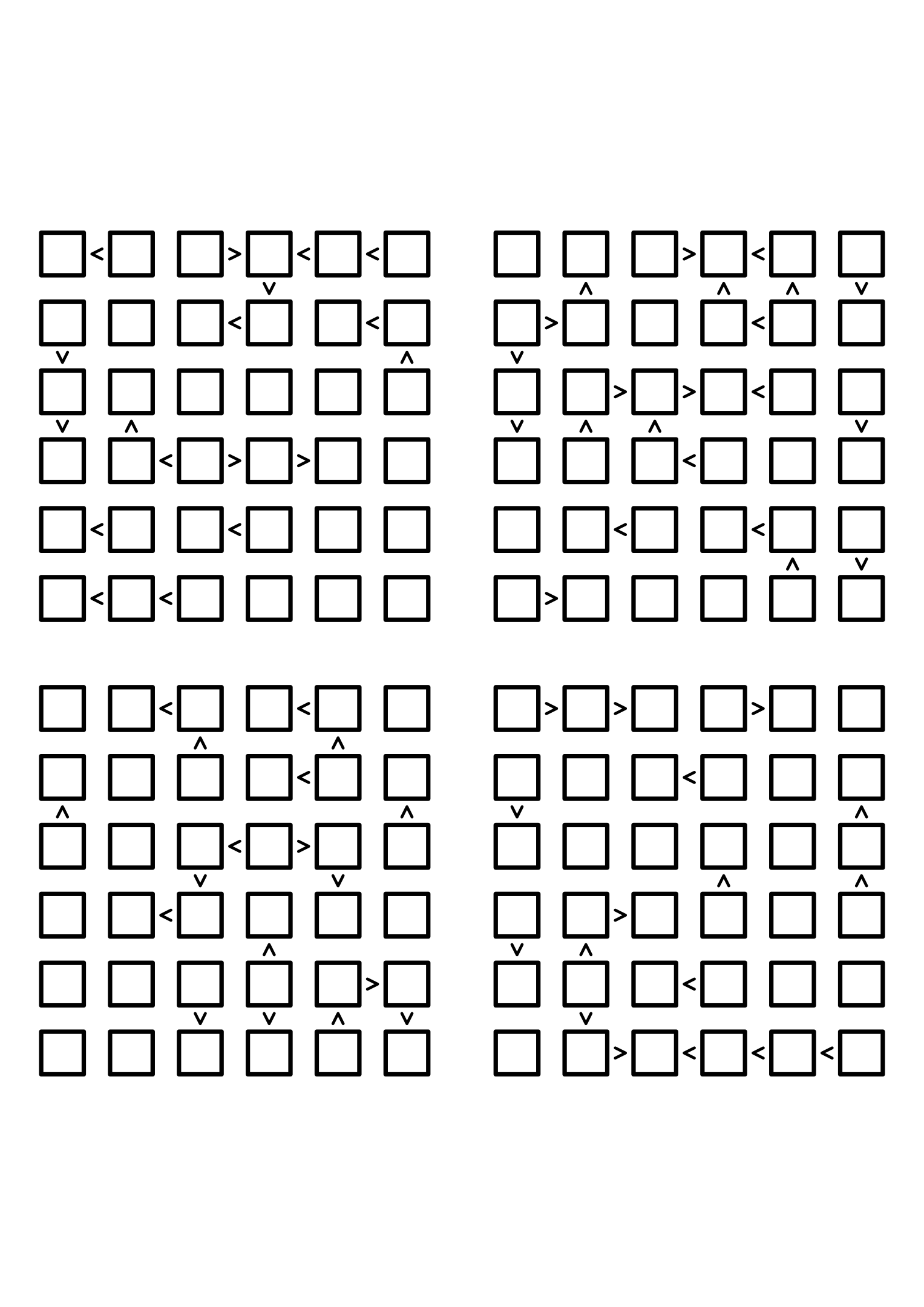 Four hard 6x6 futoshiki grids with inequality signs only, no given digit. Level: Hard, 4 puzzles per page. Variant 3.