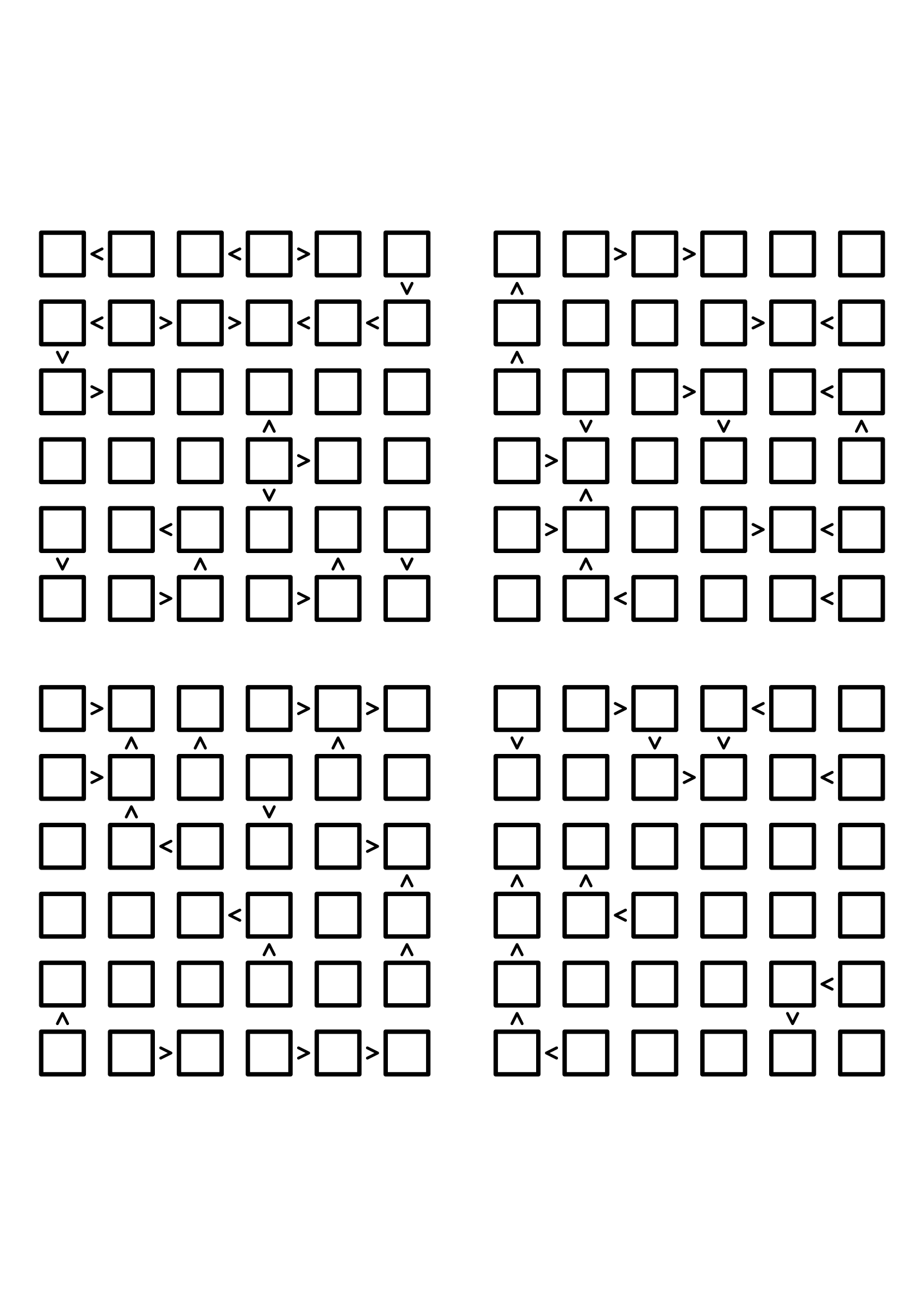 Four hard 6x6 futoshiki grids with inequality signs only, no given digit. Level: Hard, 4 puzzles per page. Variant 4.