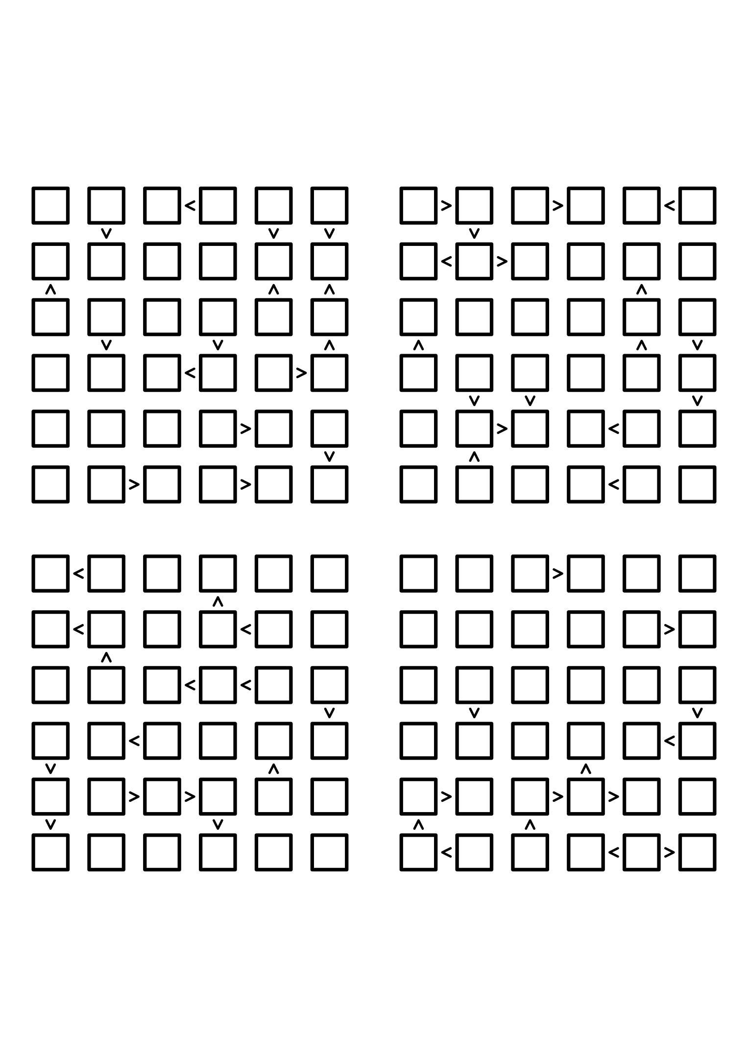Four hard 6x6 futoshiki grids with inequality signs only, no given digit. Level: Hard, 4 puzzles per page. Variant 5.