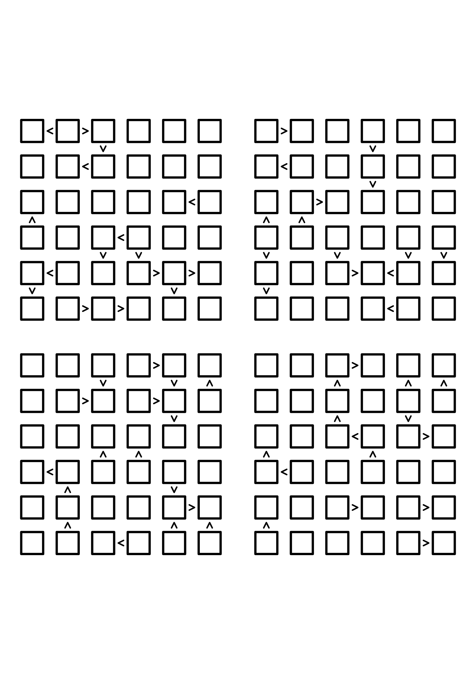 Four hard 6x6 futoshiki grids with inequality signs only, no given digit. Level: Hard, 4 puzzles per page. Variant 6.