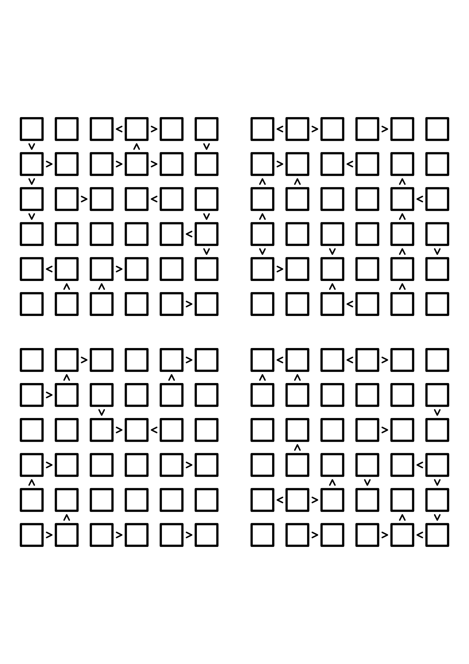 Four hard 6x6 futoshiki grids with inequality signs only, no given digit. Level: Hard, 4 puzzles per page. Variant 7.