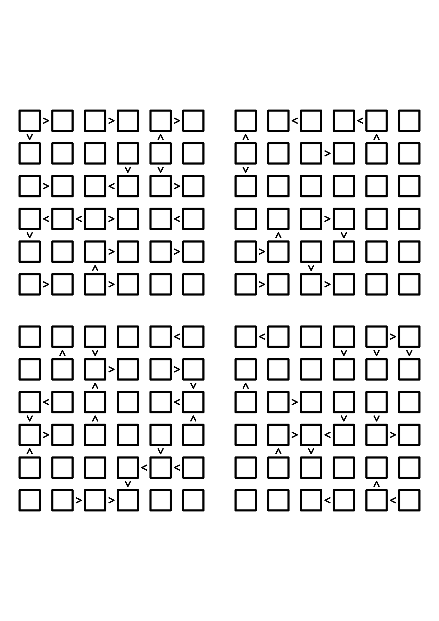 Four hard 6x6 futoshiki grids with inequality signs only, no given digit. Level: Hard, 4 puzzles per page. Variant 8.
