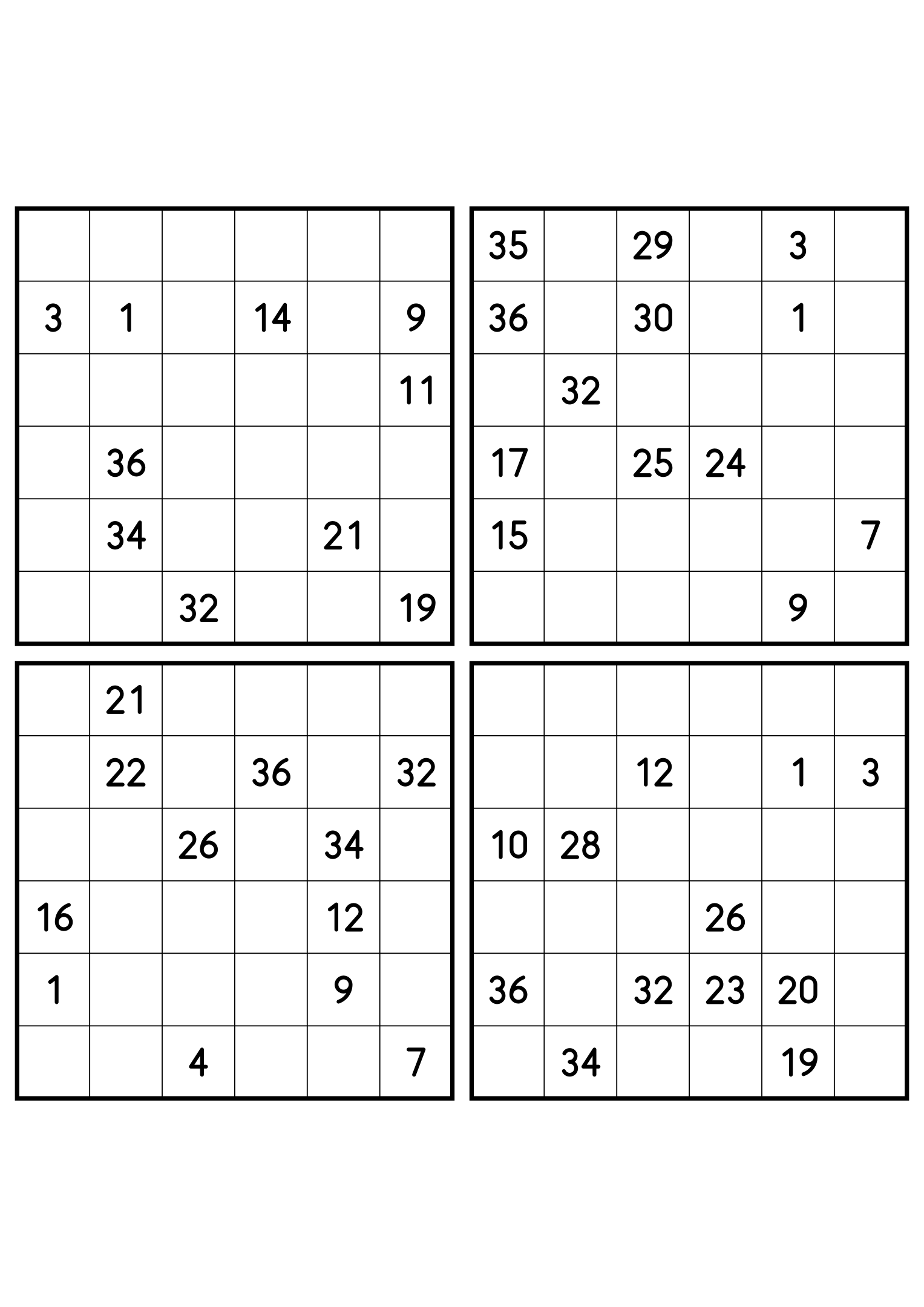 Four hard 6x6 Hidoku grids, sparse clues in every one. Variant 1.