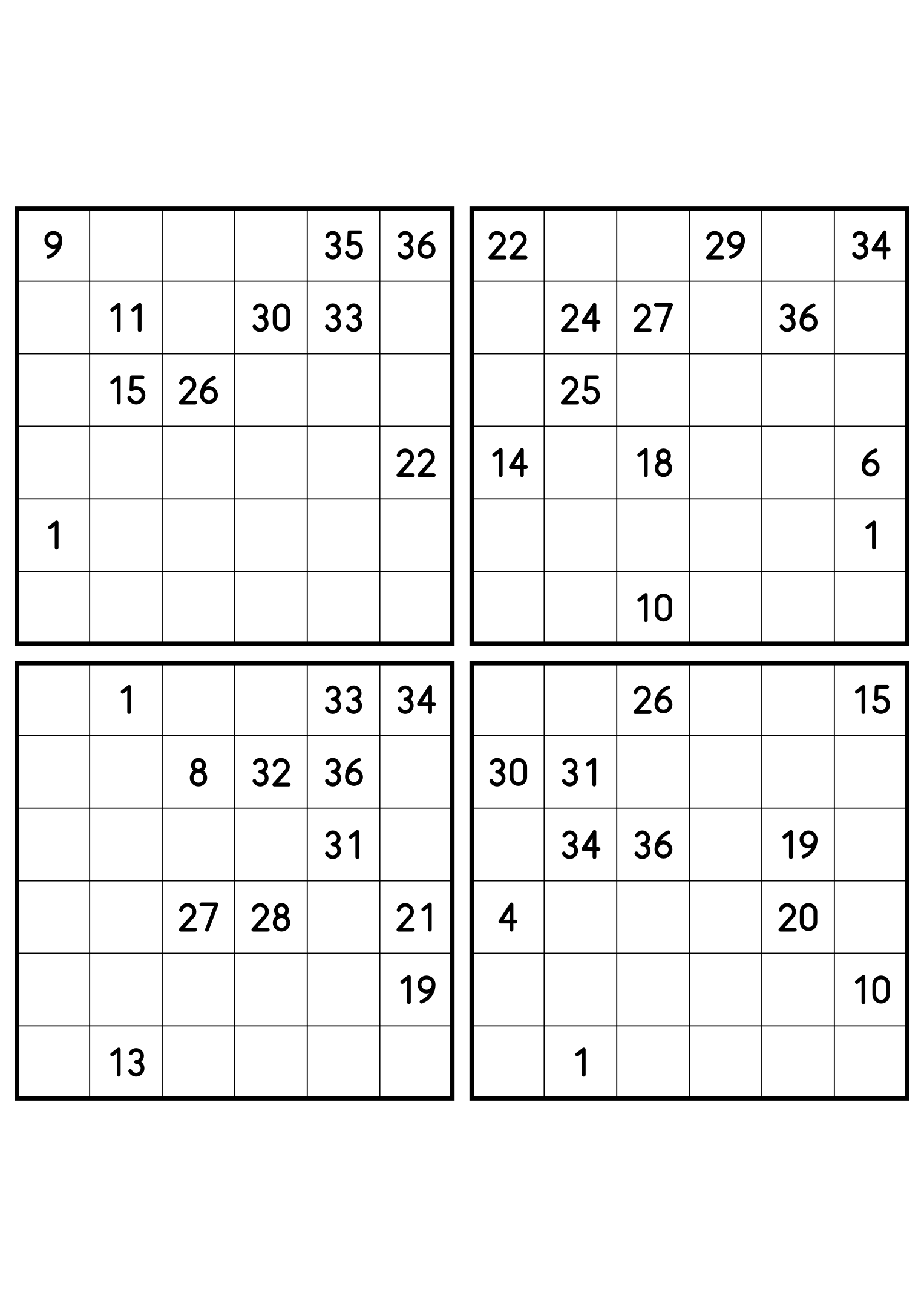 Four hard 6x6 Hidoku grids, sparse clues in every one. Variant 2.