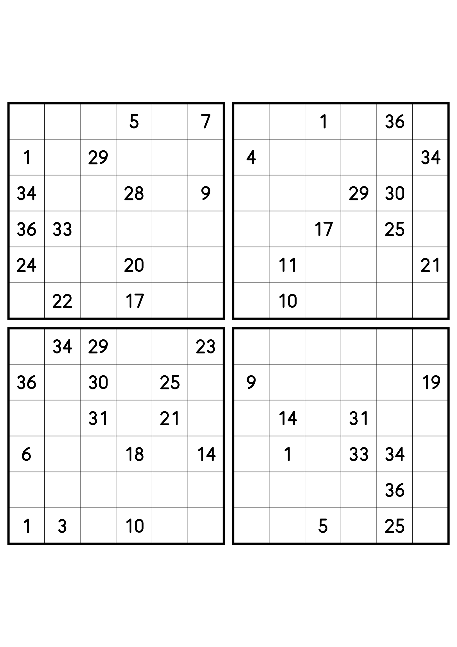 Four hard 6x6 Hidoku grids, sparse clues in every one. Variant 3.