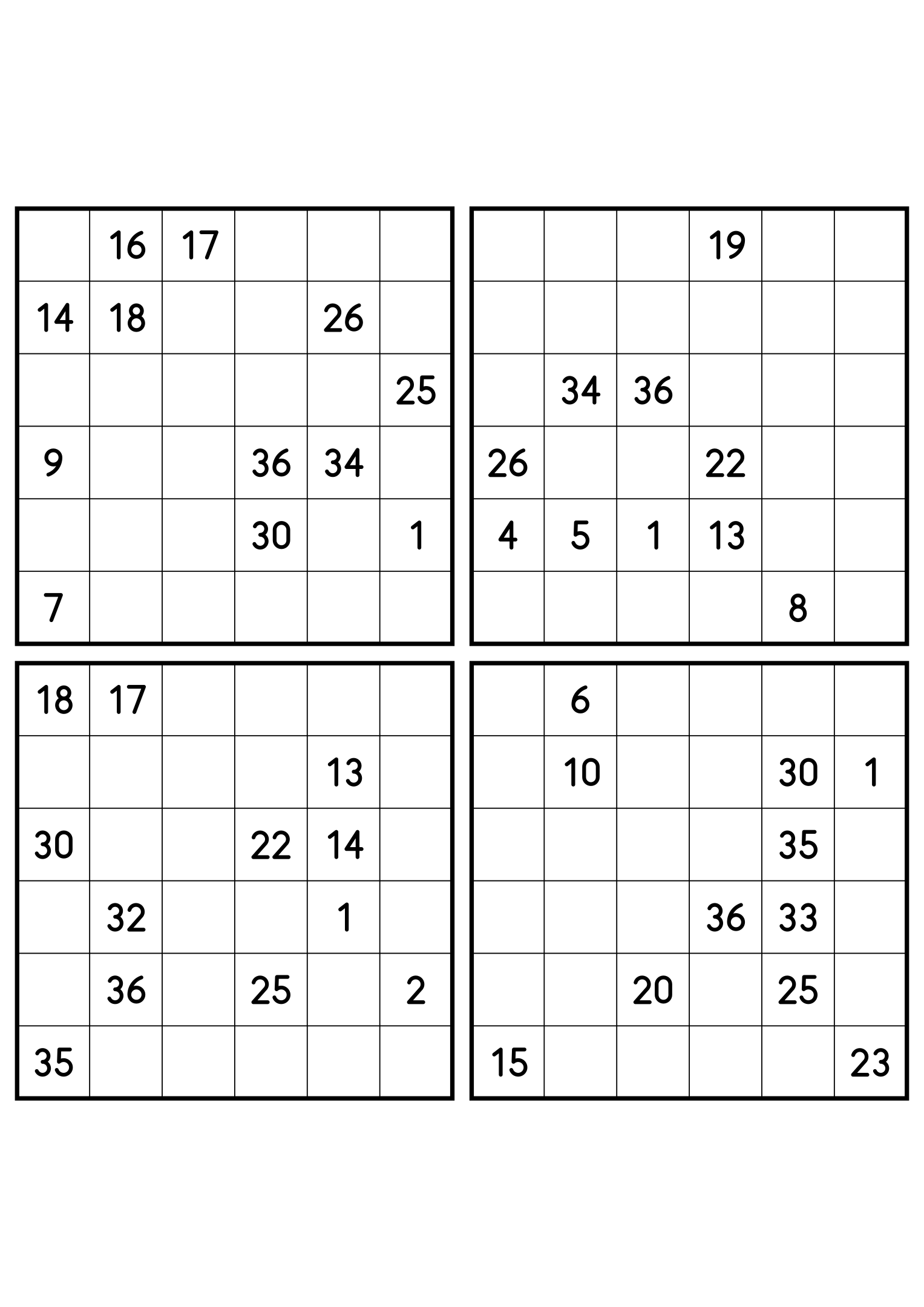 Four hard 6x6 Hidoku grids, sparse clues in every one. Variant 4.