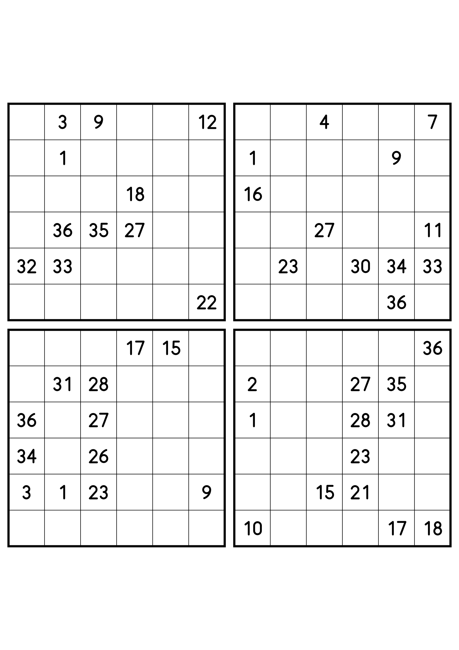 Four hard 6x6 Hidoku grids, sparse clues in every one. Variant 5.