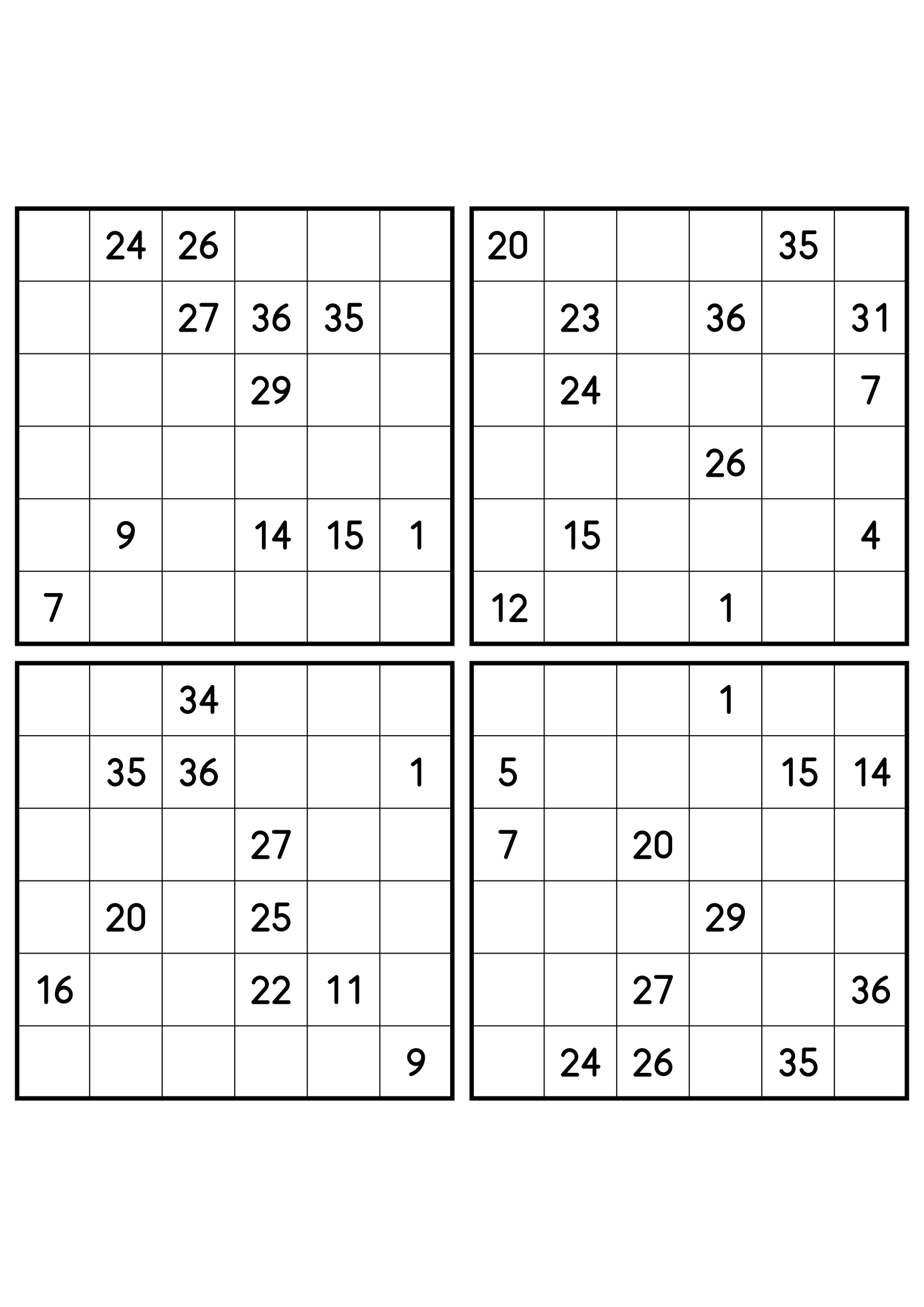 Four hard 6x6 Hidoku grids, sparse clues in every one. Variant 6.