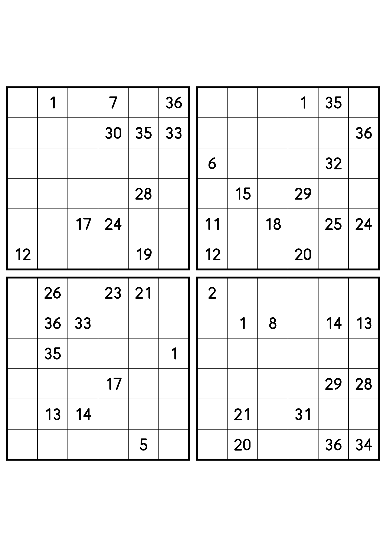 Four hard 6x6 Hidoku grids, sparse clues in every one. Variant 7.