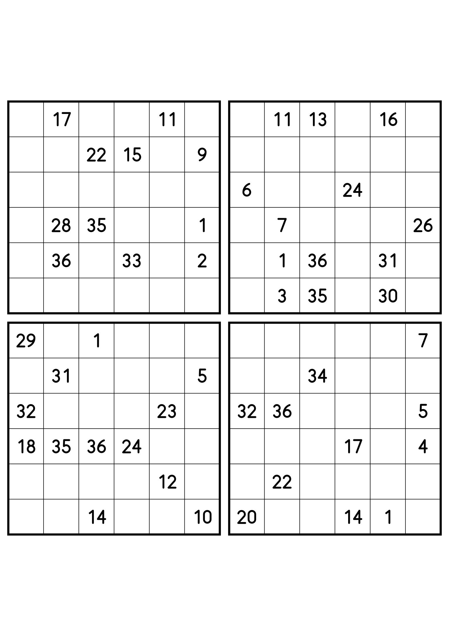 Four hard 6x6 Hidoku grids, sparse clues in every one. Variant 8.