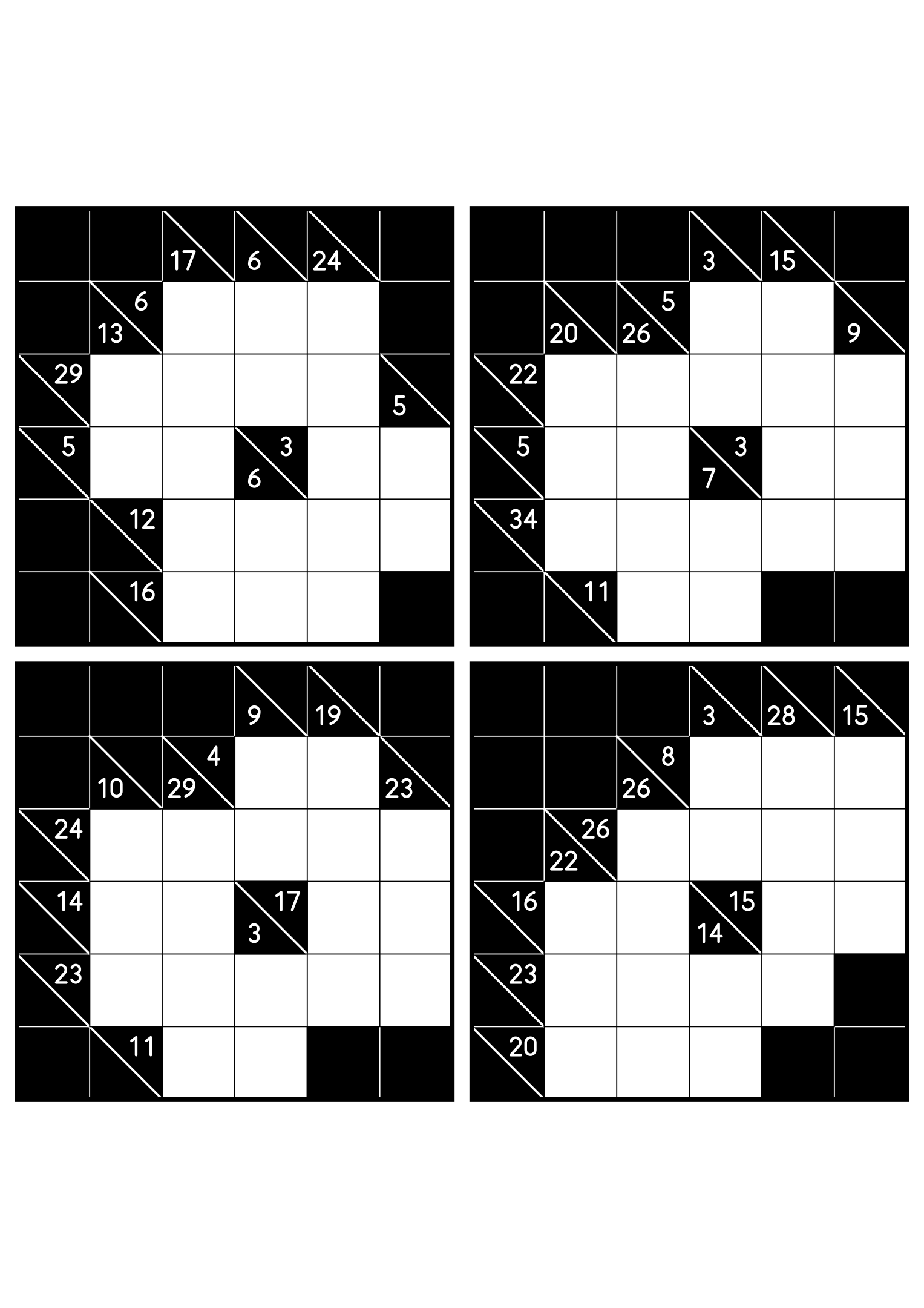 Four hard 6x6 kakuro grids whose runs must be tested whole. Level: Hard, 4 puzzles per page. Variant 1.