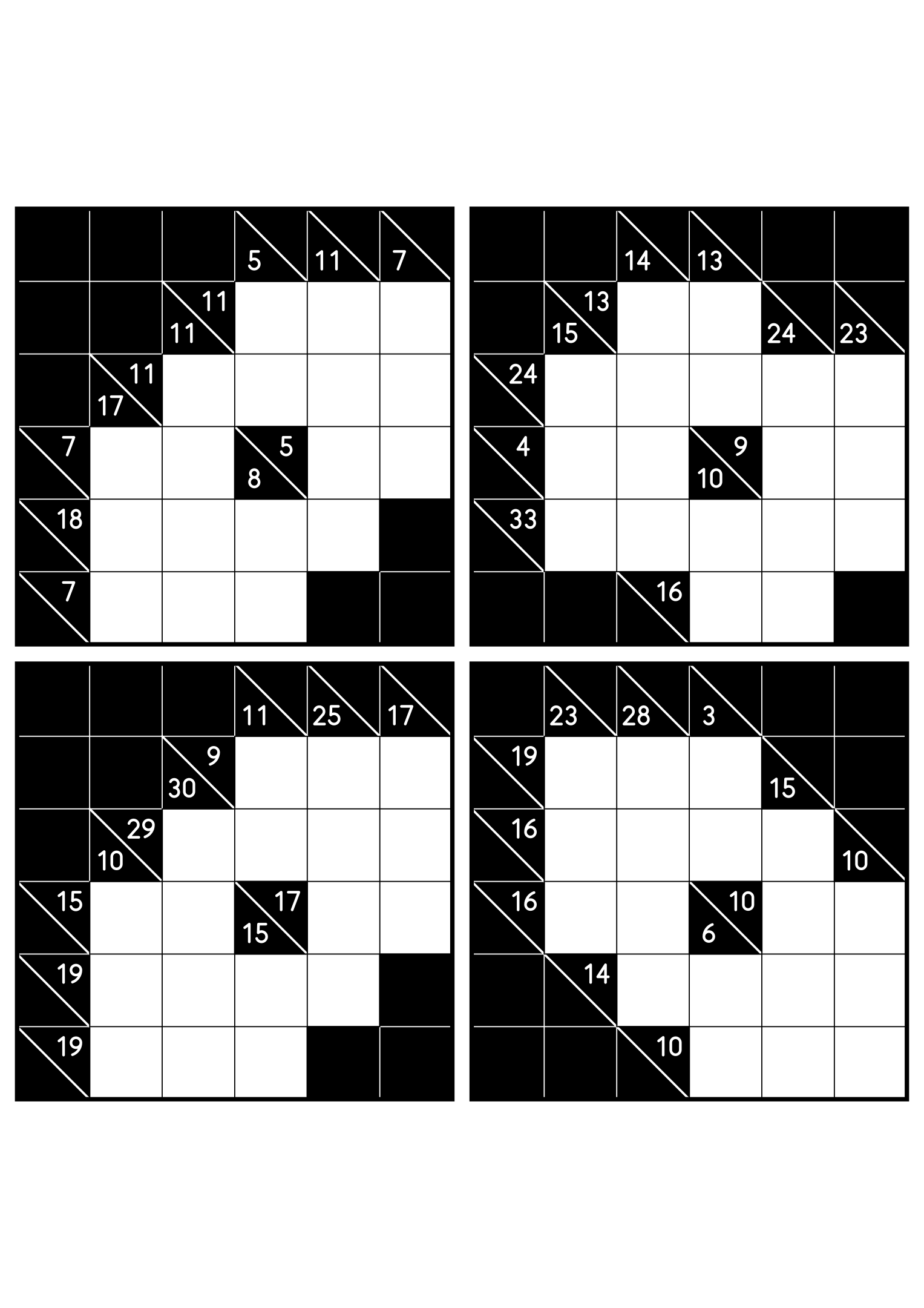Four hard 6x6 kakuro grids whose runs must be tested whole. Level: Hard, 4 puzzles per page. Variant 2.
