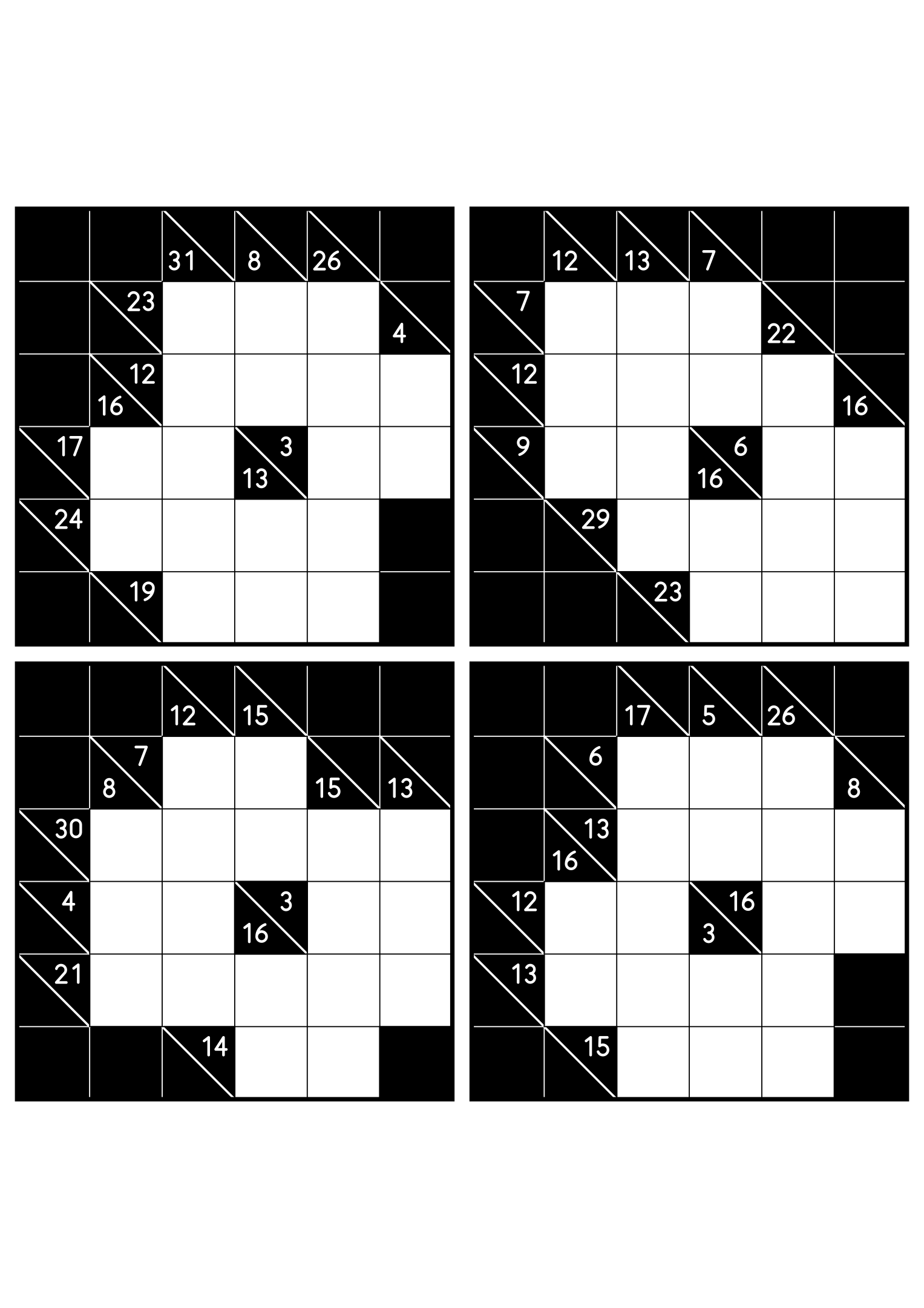 Four hard 6x6 kakuro grids whose runs must be tested whole. Level: Hard, 4 puzzles per page. Variant 3.