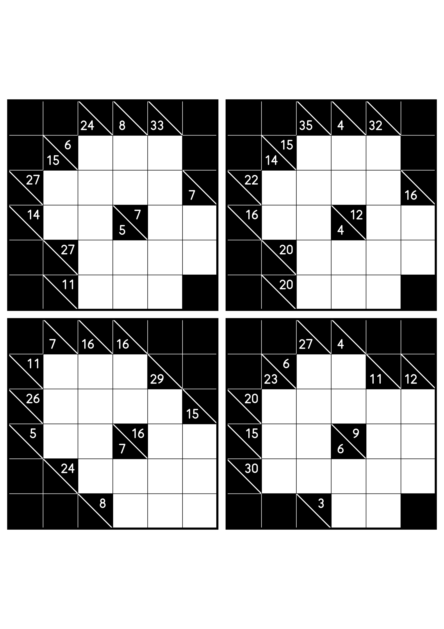 Four hard 6x6 kakuro grids whose runs must be tested whole. Level: Hard, 4 puzzles per page. Variant 4.