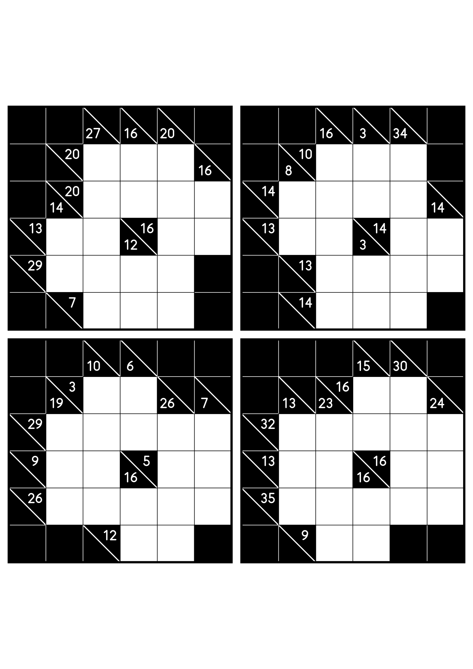 Four hard 6x6 kakuro grids whose runs must be tested whole. Level: Hard, 4 puzzles per page. Variant 5.