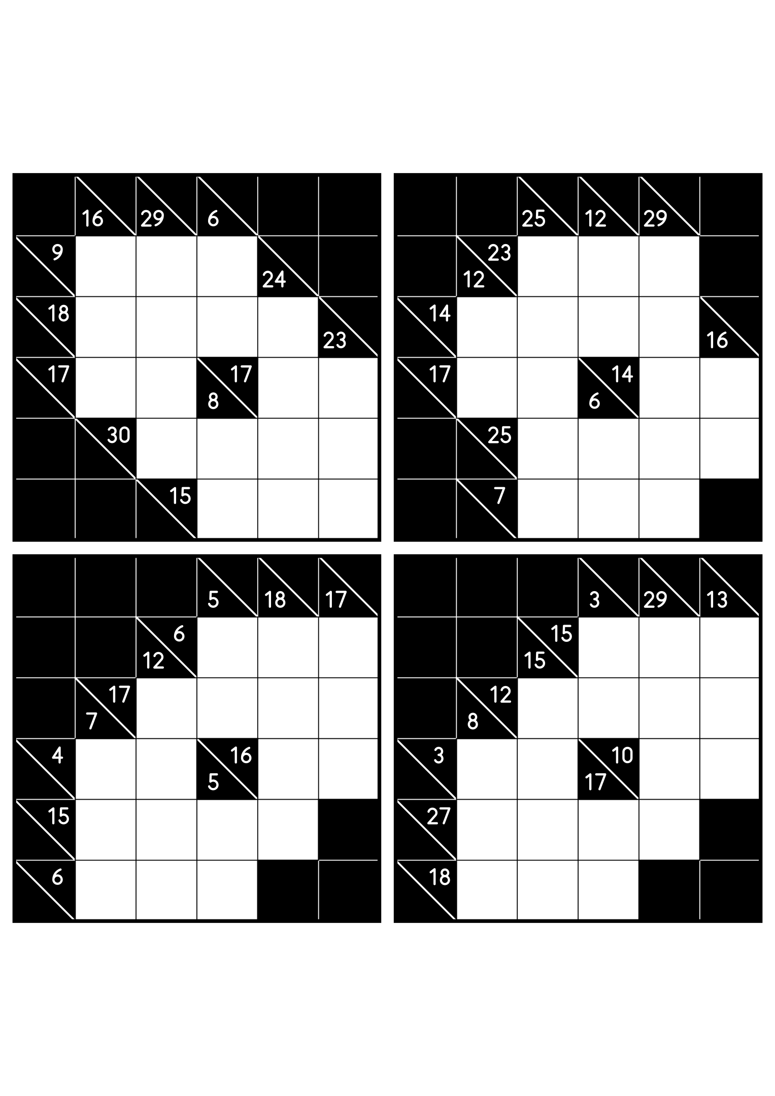 Four hard 6x6 kakuro grids whose runs must be tested whole. Level: Hard, 4 puzzles per page. Variant 6.